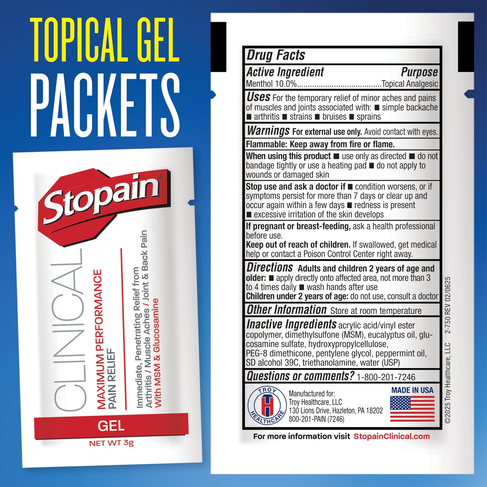 Stopain Pain Relief Clinical Gel Packets, Made in USA, Maximum Performance Pain Relief with 10% Menthol Plus Glucosamine for Muscle Aches, Joint Pain, and Arthritis (100 Pack) Stopain uk supplements
