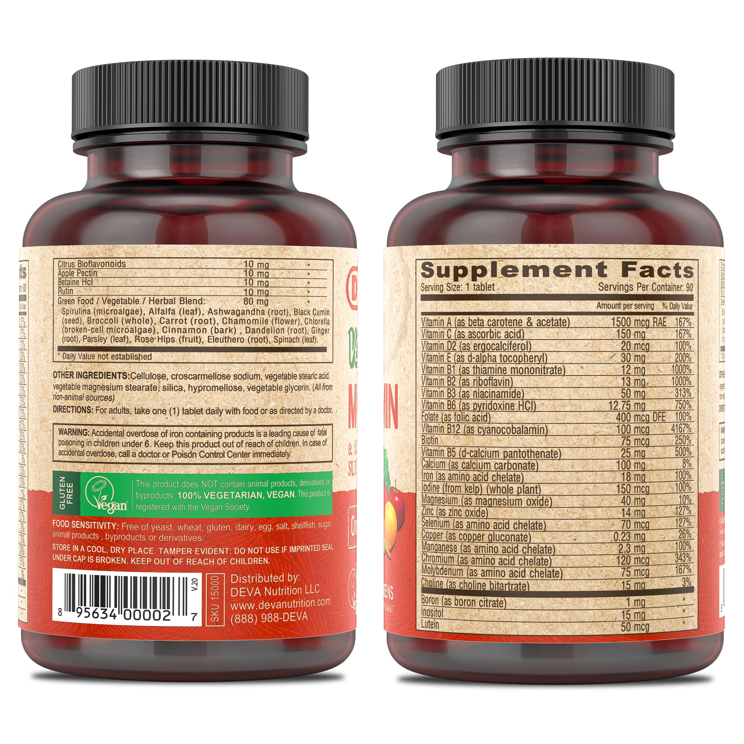 DEVA Vegan Multivitamin & Mineral Supplement with Iron 2-Pack, Spirulina, Chlorella, Ashwagandha, Broccoli & More, 90 Coated Tablets Each DEVA uk supplements