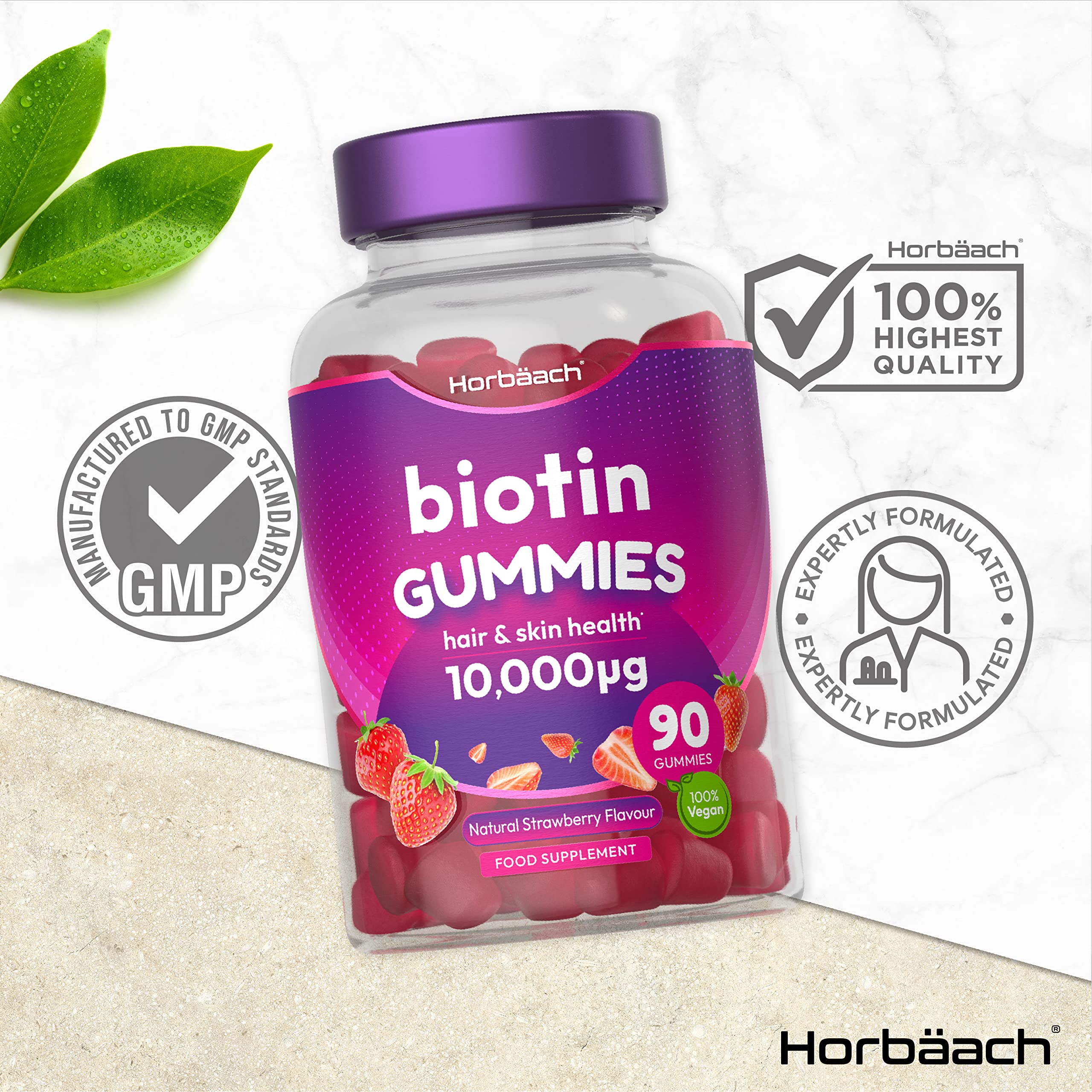 Biotin Gummies 10,000mcg | 90 Vegan Vitamins | Natural Strawberry Flavour Horbäach uk supplements