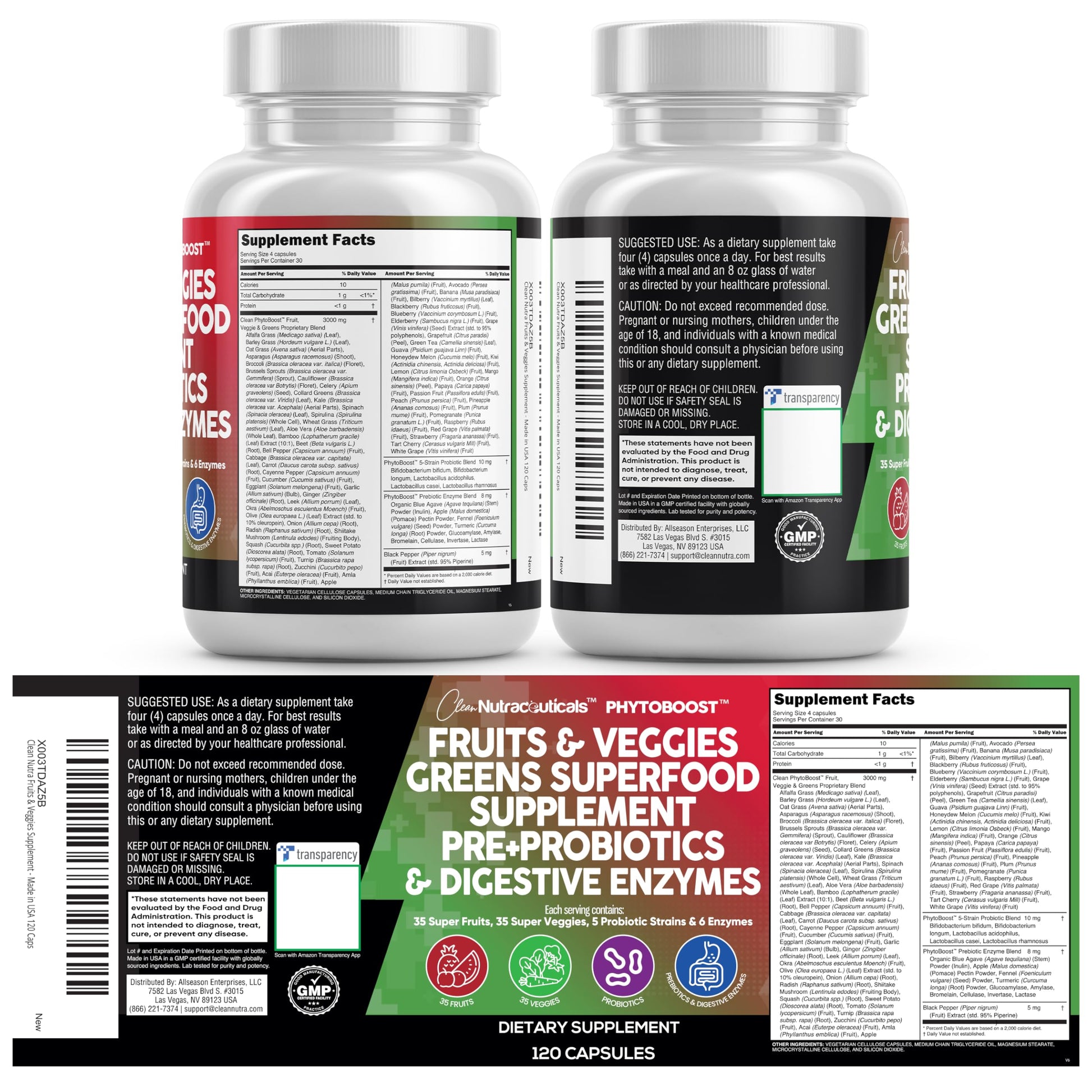Clean Nutraceuticals Fruits and Veggies Supplement Reds & Green Superfood - Balance of Over 70 Fruit & Vegetable Supplements Capsules with Probiotics Prebiotics Digestive Enzymes - 120 Ct USA Clean Nutraceuticals uk supplements