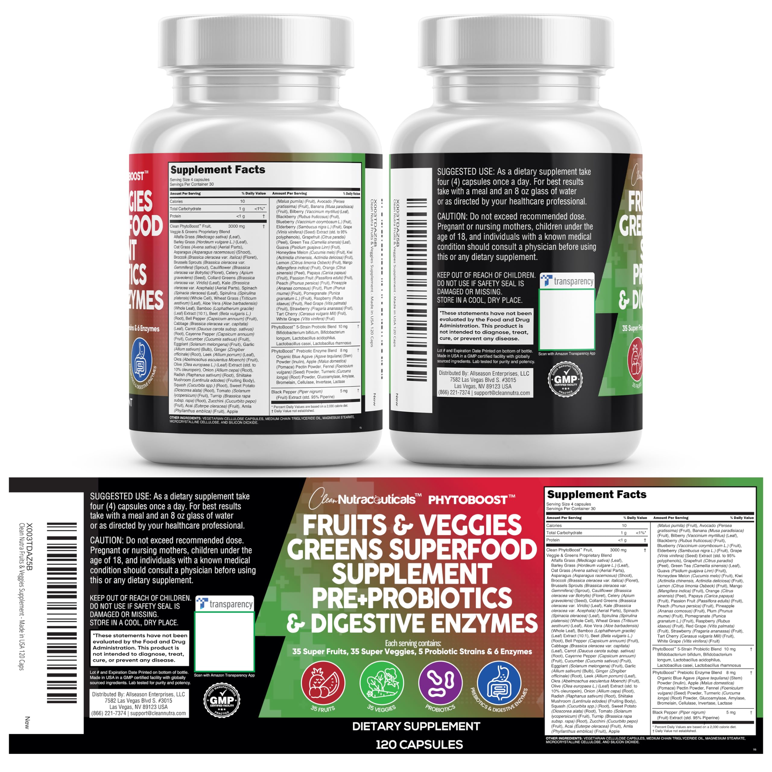 Clean Nutraceuticals Fruits and Veggies Supplement Reds & Green Superfood - Balance of Over 70 Fruit & Vegetable Supplements Capsules with Probiotics Prebiotics Digestive Enzymes - 120 Ct USA Clean Nutraceuticals uk supplements