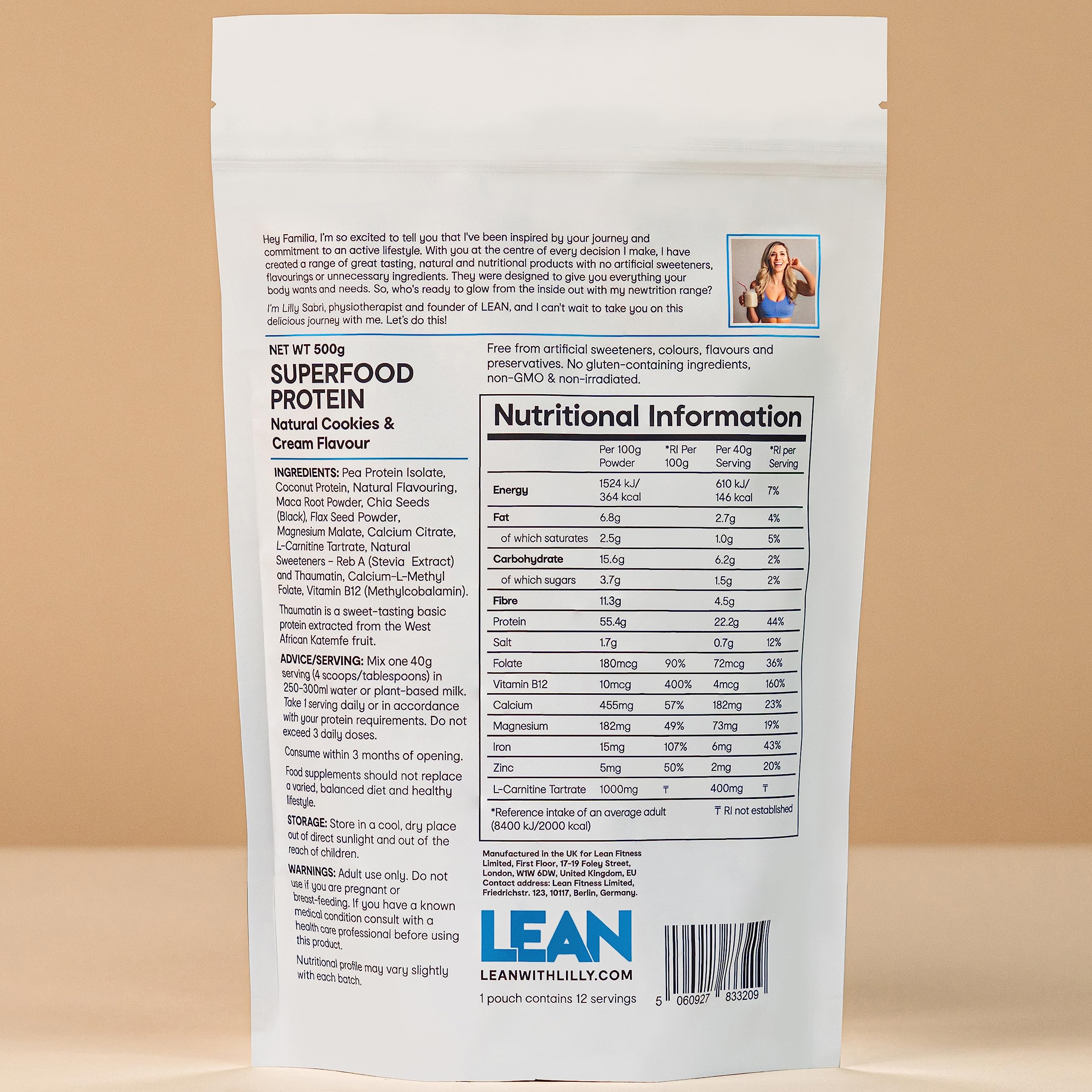 LEAN with Lilly Superfood Protein Vegan Protein Plant Based Protein Cookies and Cream Flavour 500g Lean With Lilly uk supplements