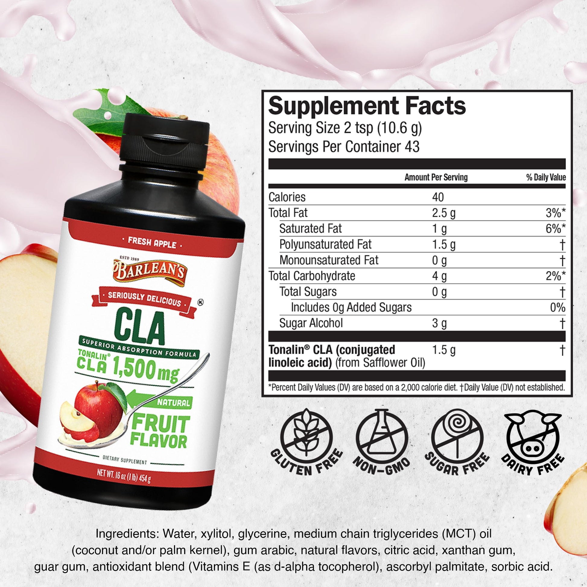 Barlean's Fresh Apple with 1,500 mg of Tonalin CLA - Gluten-Free, Vegan, Kosher Barlean's uk supplements