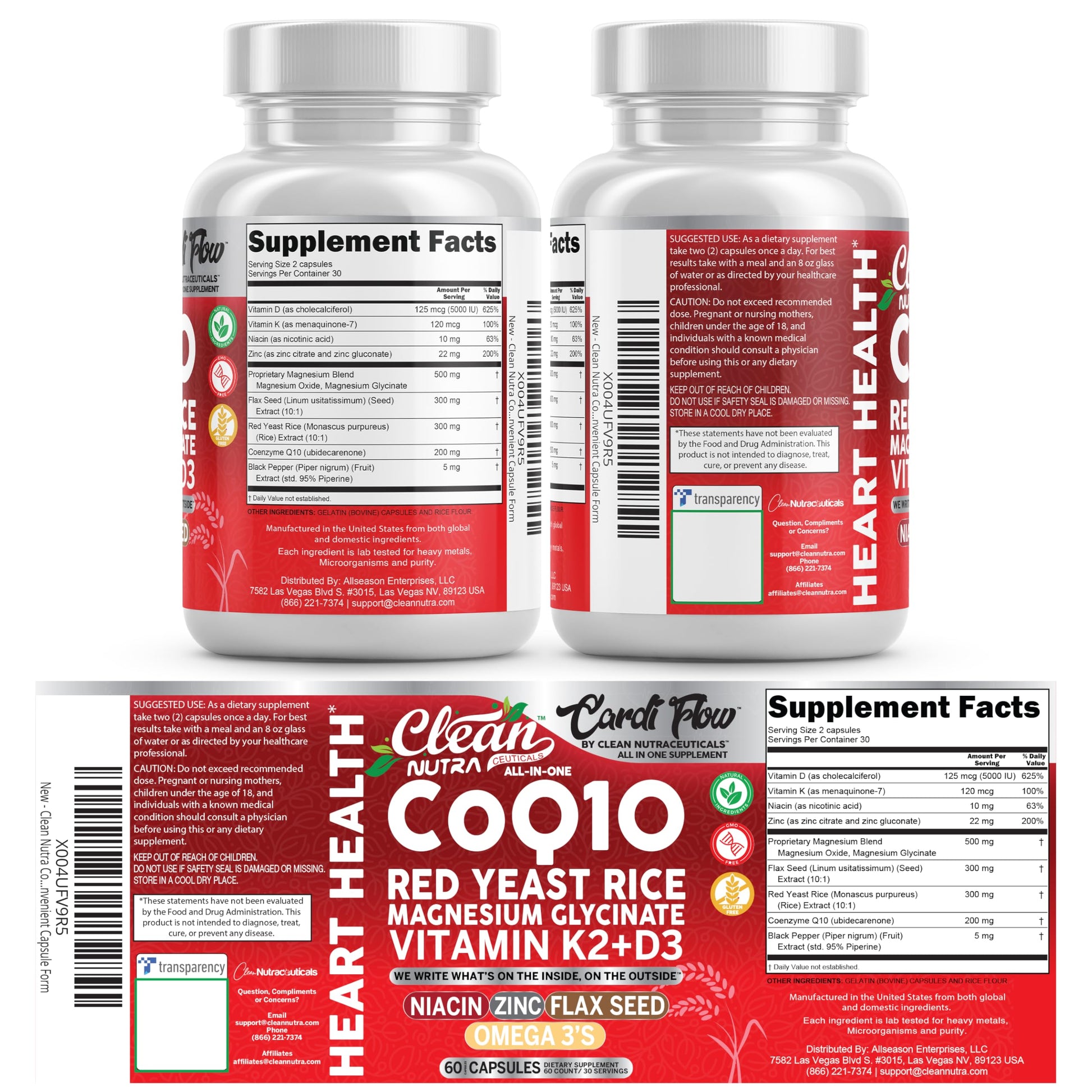 Clean Nutra CoQ10 Red Yeast Rice Magnesium Glycinate Vitamin K2 D3 Niacin Zinc Flax Seed Omega 3 Capsules 60 Count All in One Formula Premium Ingredients Dietary Supplement Clean Nutraceuticals uk supplements