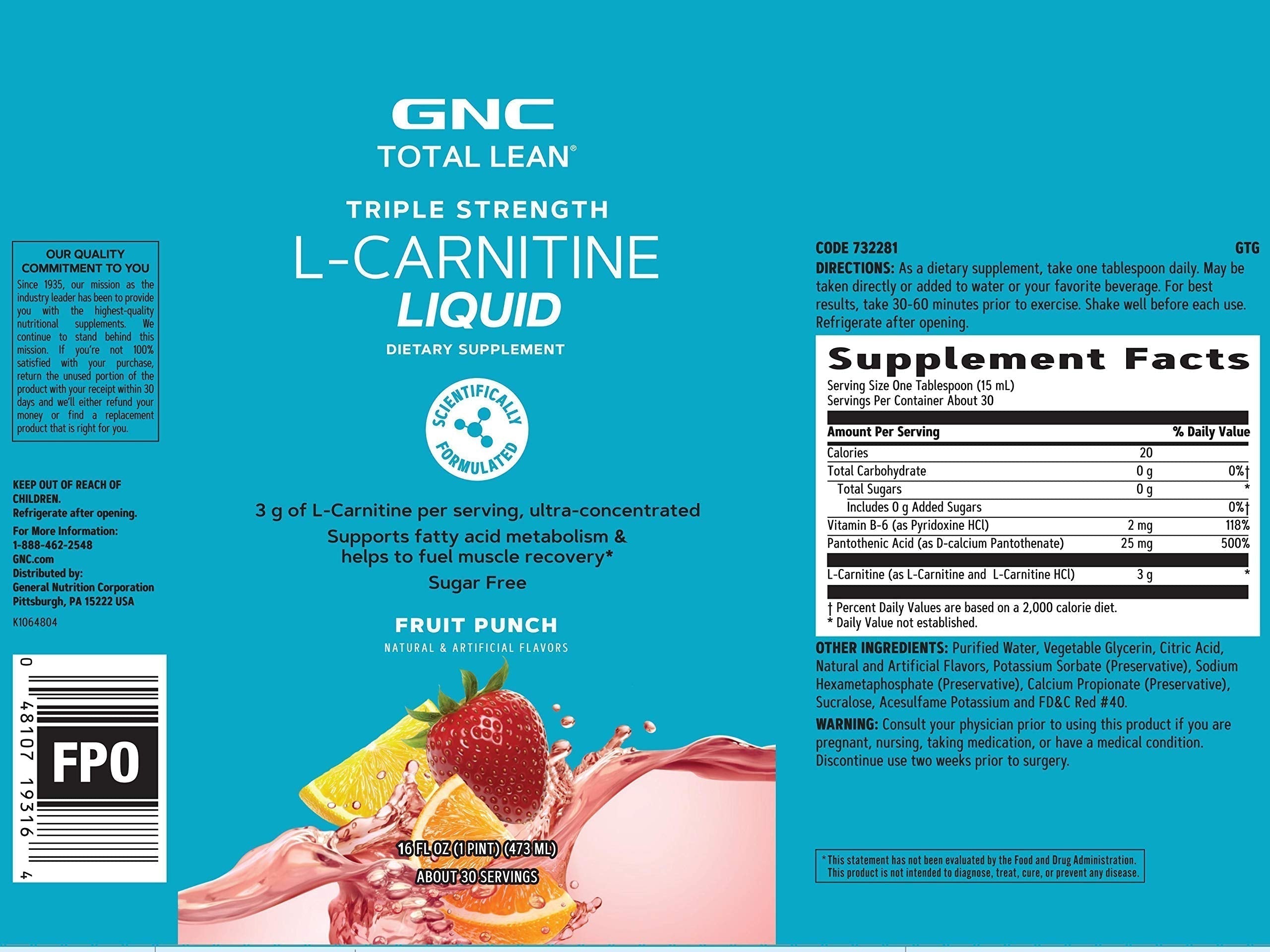 GNC Total Lean Triple Strength L-Carnitine Liquid | Supports Fatty Acid Metabolism GNC uk supplements
