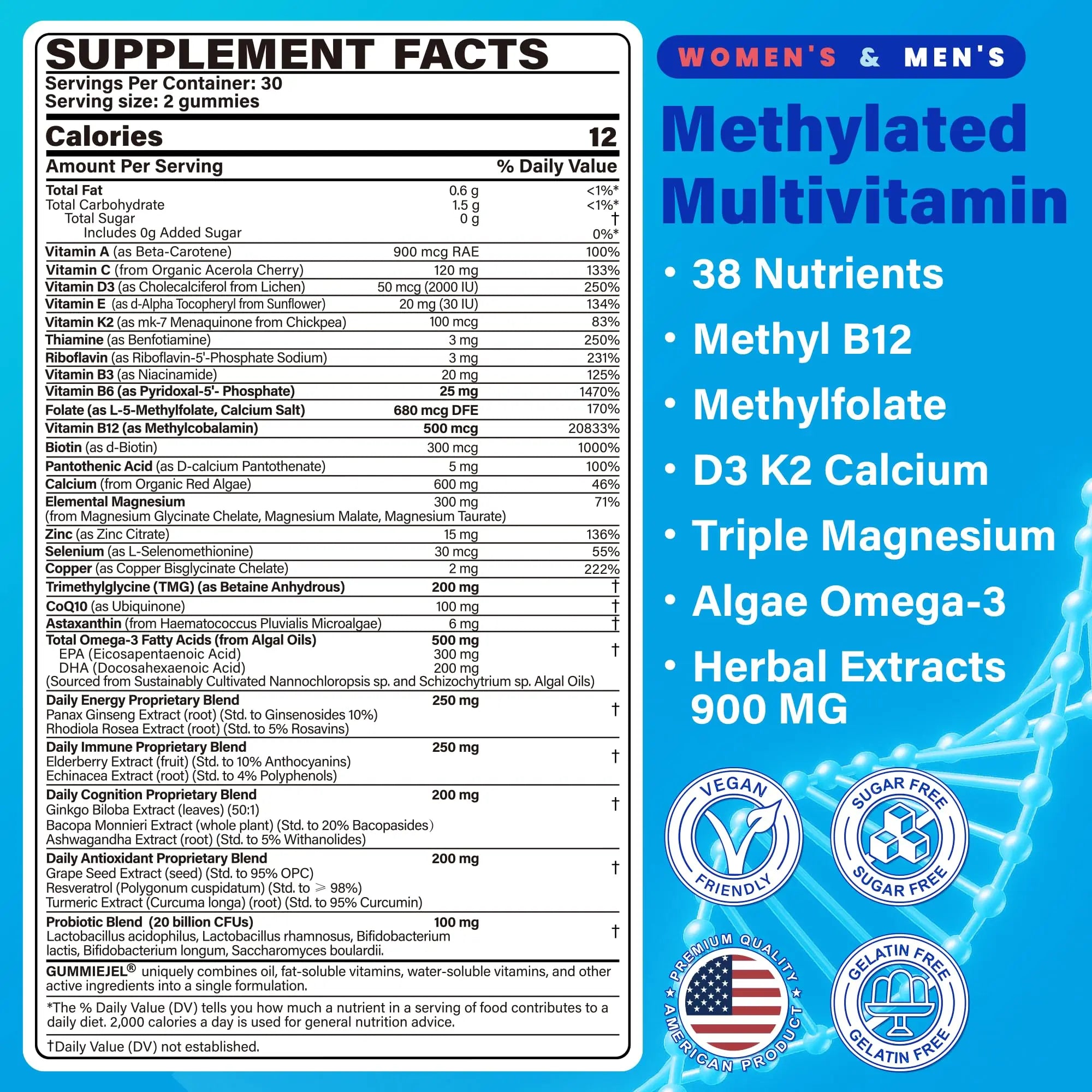 Methylated Multivitamin for Women & Men Gummies w/ Omega-3, Calcium, D3 K2, Methylfolate & B12, TMG, Daily Vitamin A, C, E, B Complex, Magnesium, CoQ10 NEVISS uk supplements