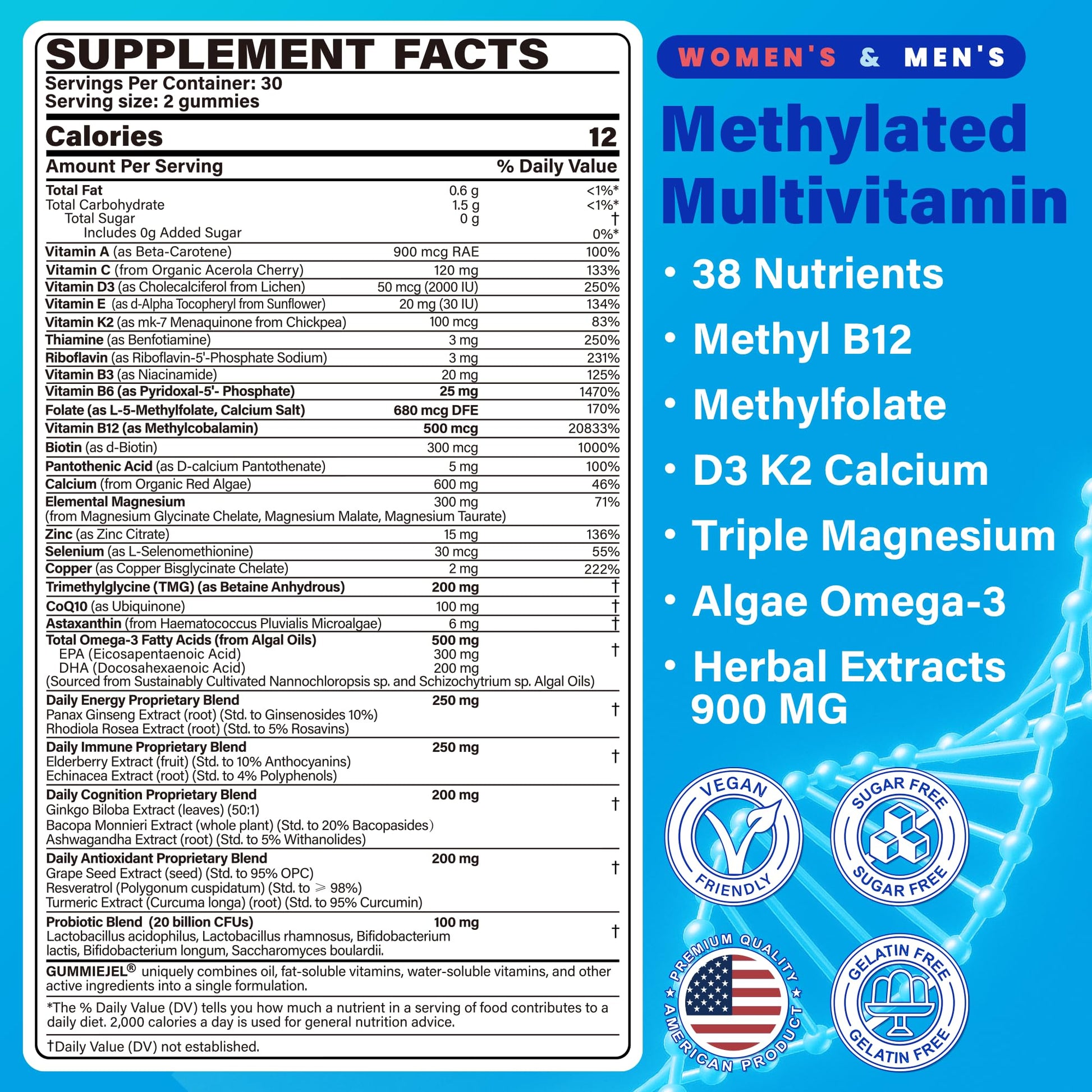 Methylated Multivitamin for Women & Men Gummies w/ Omega-3, Calcium, D3 K2, Methylfolate & B12, TMG, Daily Vitamins, Mag, CoQ10, Probiotic for 18 30 40 50 60 70+, Overall Health - Vegan, Sugar Free NEVISS uk supplements