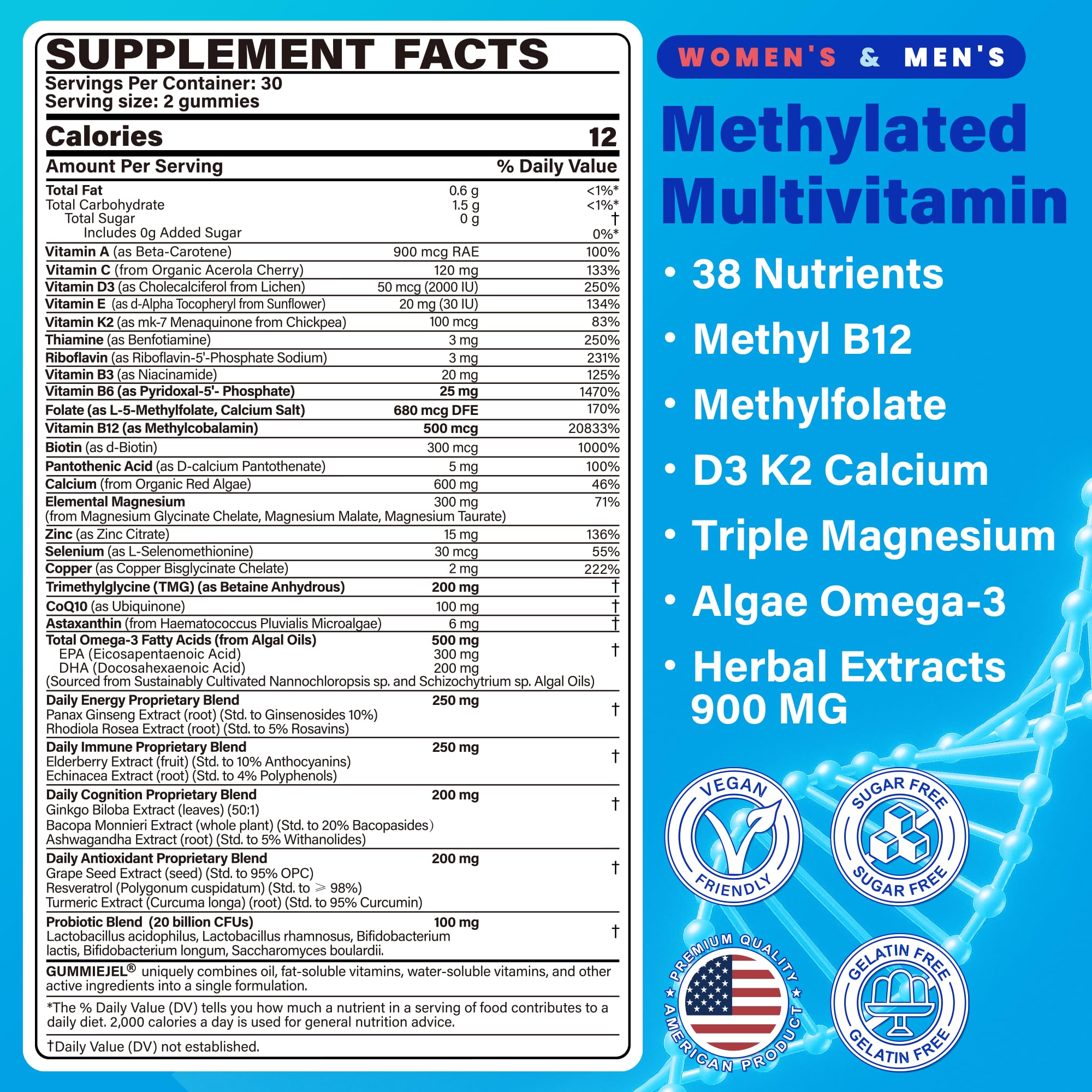 Methylated Multivitamin for Women & Men Gummies w/ Omega-3, Calcium, D3 K2, Methylfolate & B12, TMG, Daily Vitamins, Mag, CoQ10, Probiotic for 18 30 40 50 60 70+, Overall Health - Vegan, Sugar Free NEVISS uk supplements
