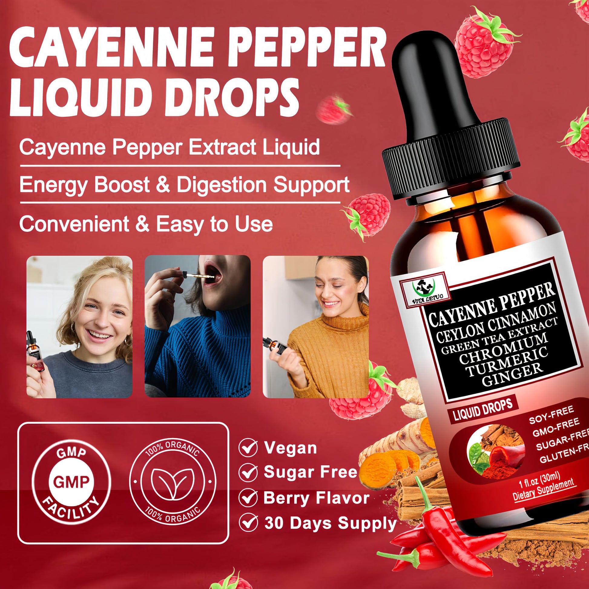 Cayenne Pepper Drops, High Absorption 6-in-1 Liquid Cayenne Pepper Supplement w/Ceylon Cinnamon, Green Tea Extract, Turmeric, Organic Liquid Drops Than Cayenne Capsules Powder Vita letuo uk supplements