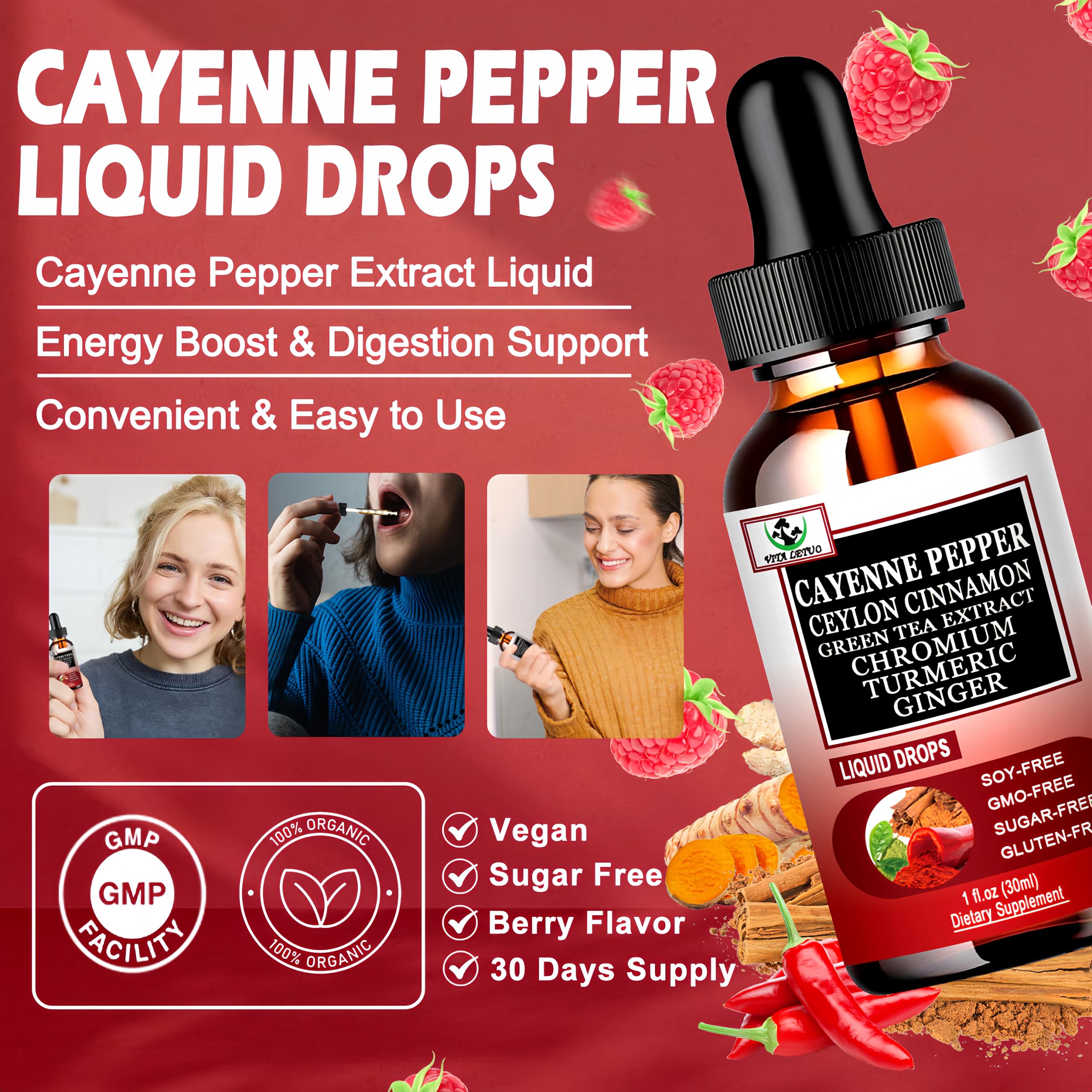 Cayenne Pepper Drops, High Absorption 6-in-1 Liquid Cayenne Pepper Supplement w/Ceylon Cinnamon, Green Tea Extract, Turmeric, Organic Liquid Drops Than Cayenne Capsules Powder Vita letuo uk supplements