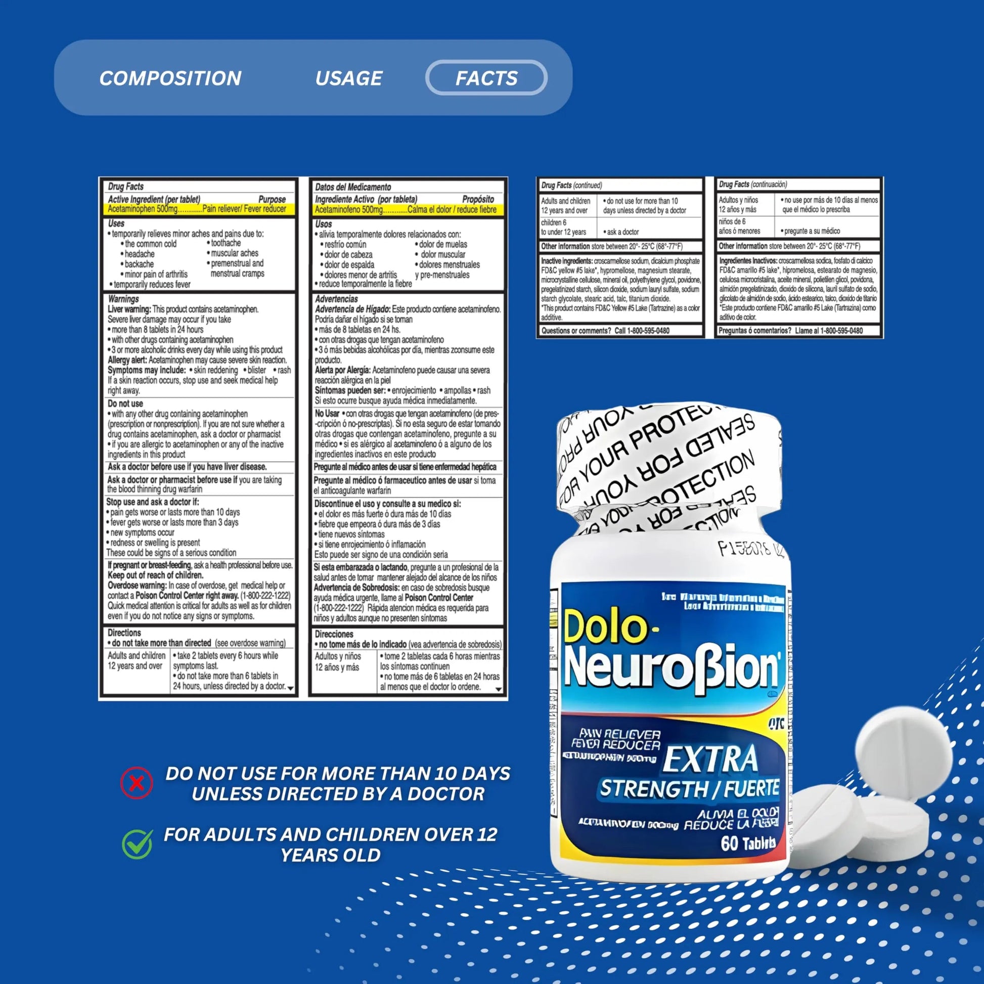 Dolo Neurobion Pain Reliever, Fever Reducer, Extra Strength. Alivia el Dolor,Reduce la Fiebre, Extra Fuerte. 60 Tablets. Acetaminophen 500 mg Neurobion uk supplements