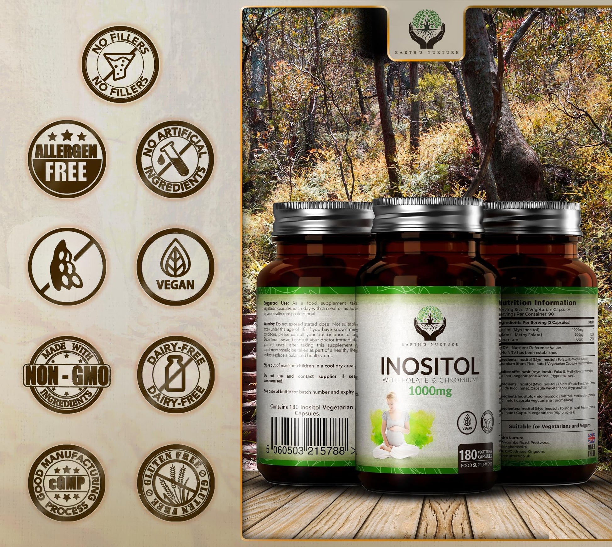 EN Myo-Inositol Chromium & Folate Blend | 1000mg Myo Inositol Per Serving | 180 Vegan Earth's Nurture uk supplements