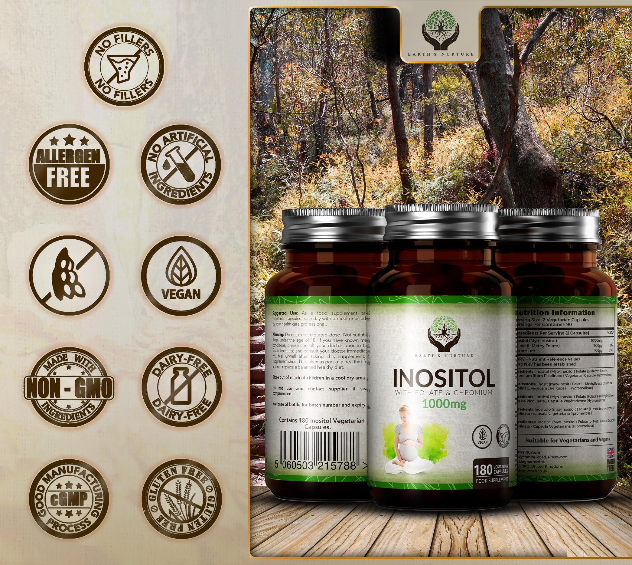 EN Myo-Inositol Chromium & Folate Blend | 1000mg Myo Inositol Per Serving | 180 Vegan Earth's Nurture uk supplements
