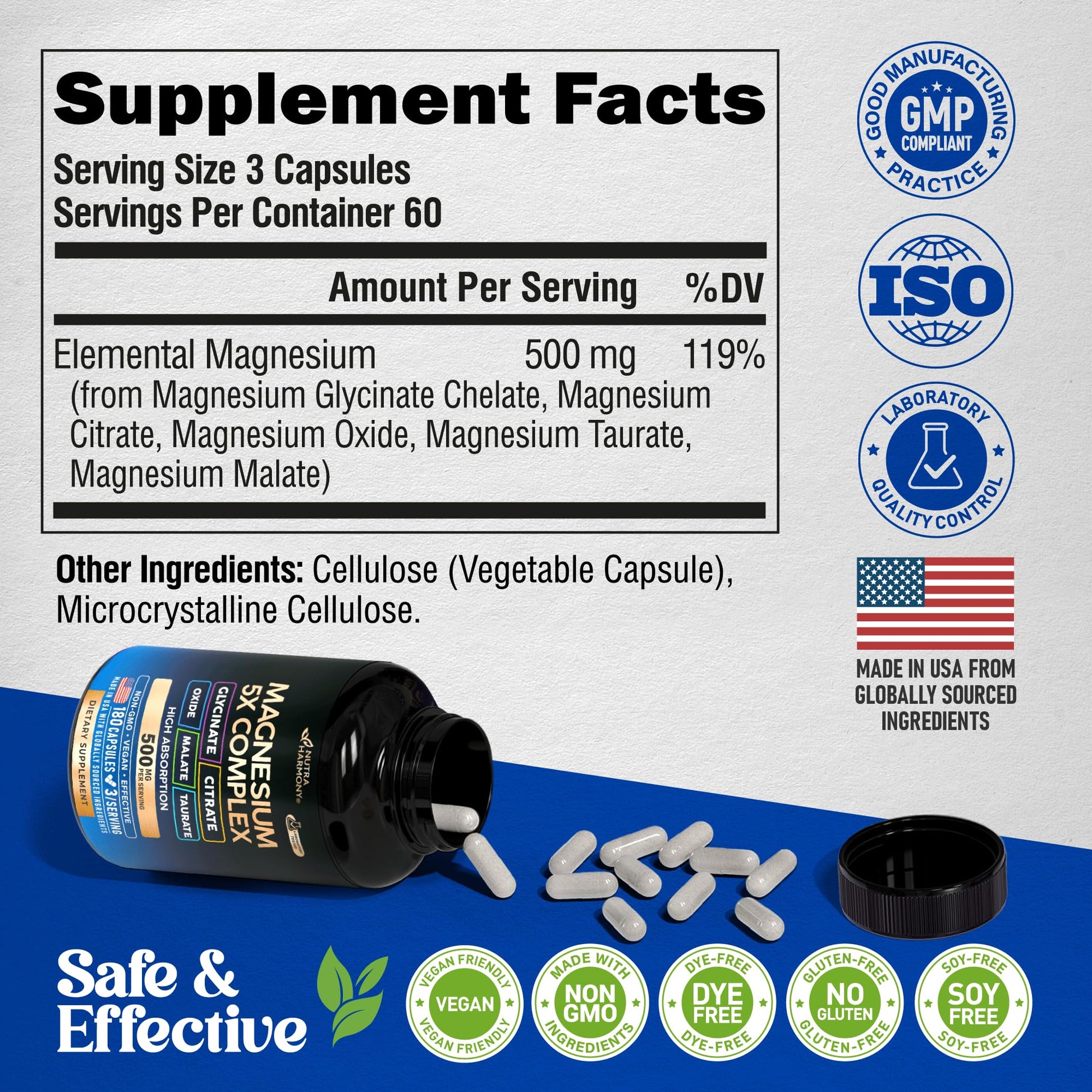 Magnesium Supplement - 5 in 1 Complex | Glycinate | Citrate | Malate | Taurate | Oxide - Made in USA - Stress, Muscle & Heart Support - Vegan, Natural, Non-GMO - 180 Capsules, 2 Month Supply NUTRAHARMONY uk supplements