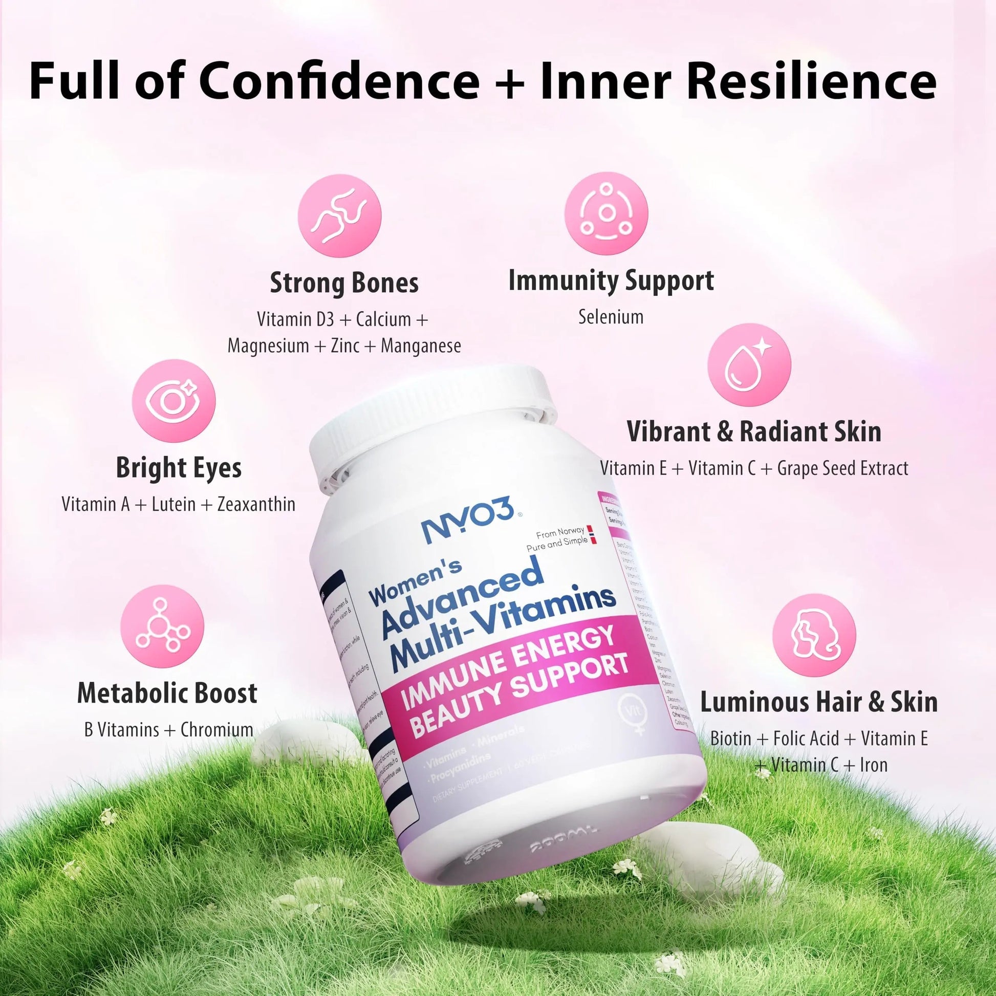 NYO3 Multivitamin for Women with 22 Essential Nutrients | 7 Minerals & 3 Special Additives & 12 Vitamins | Lutein, Zeaxanthin, Grape Seed | NYO3 uk supplements