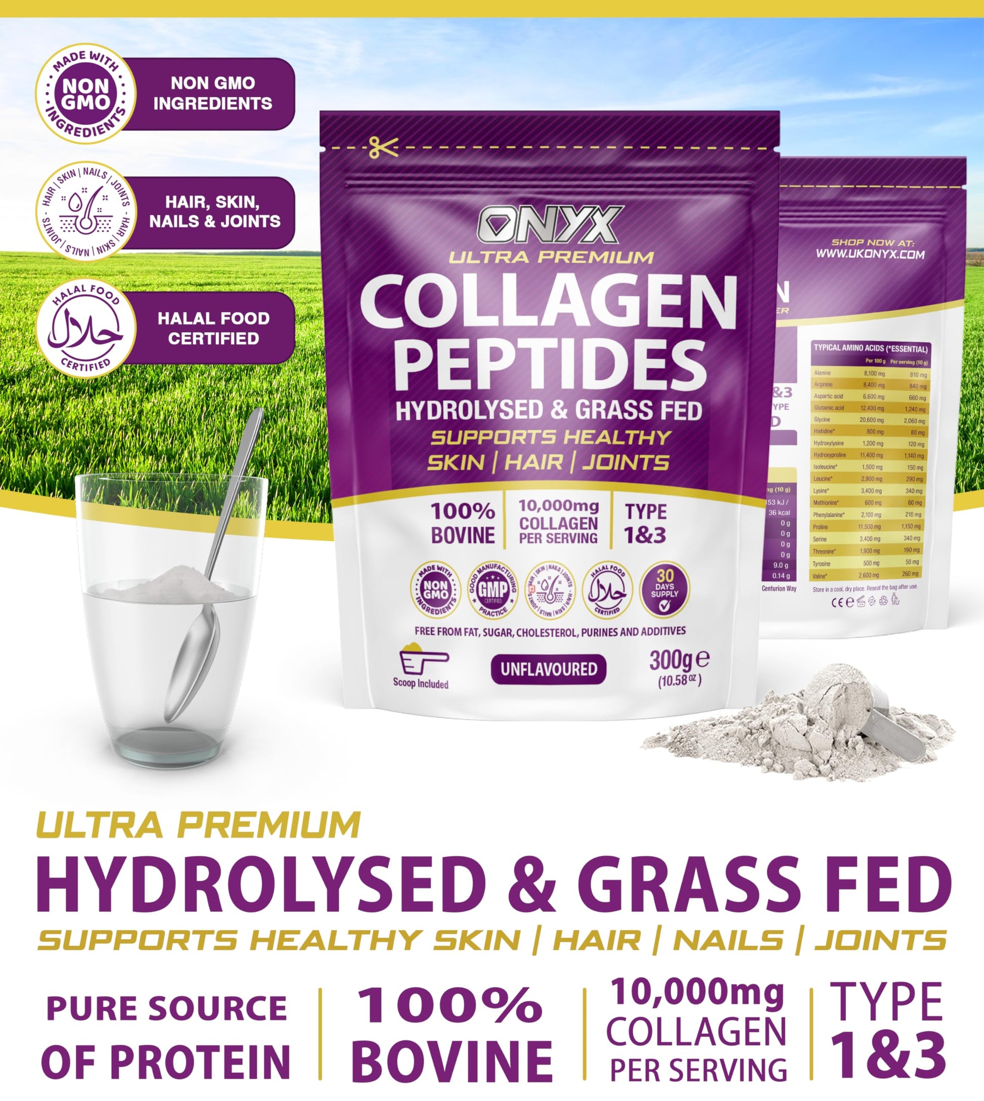Collagen Powder 600g - 60 Servings - Collagen Peptides Supplement with High ONYX INGREDIENTS 101 uk supplements