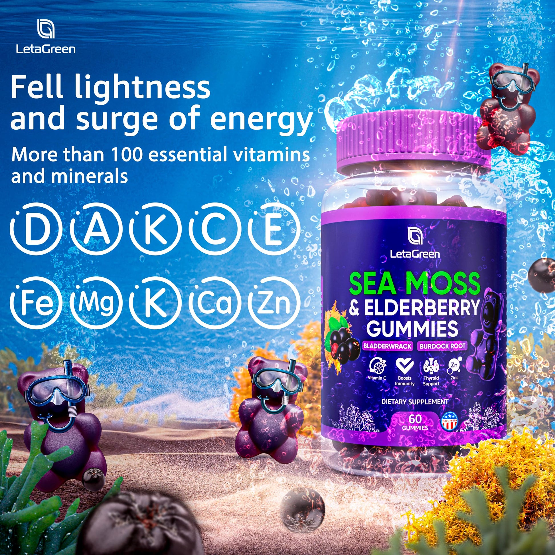 LetaGreen Irish Sea Moss Gummies - 60 Vegan Seamoss Gummies Bears LetaGreen uk supplements