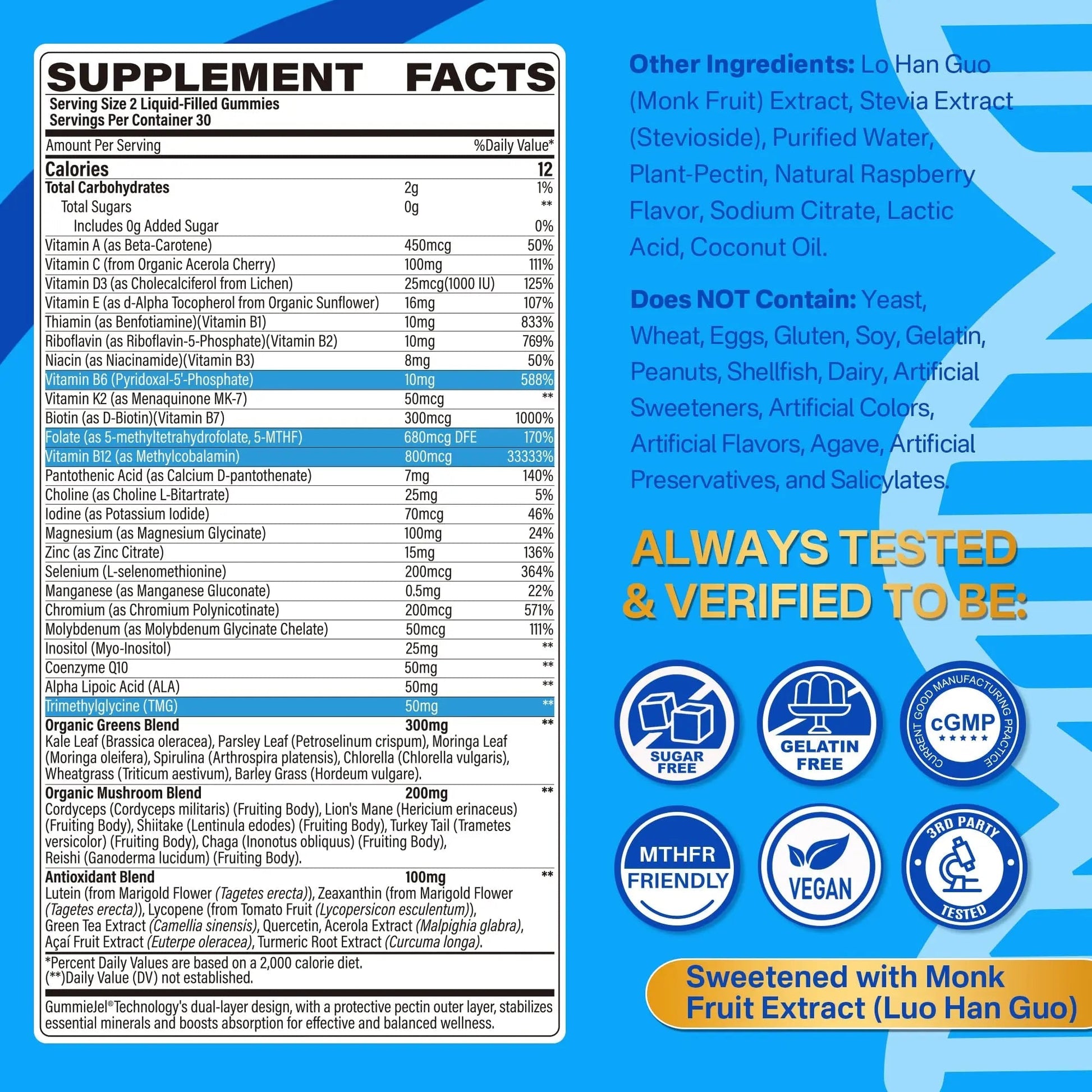 Methylated Multivitamin for Men & Women Gummies + Greens & Mushroom Blend, Methylfolate & B12, TMG, Choline LILICARE uk supplements