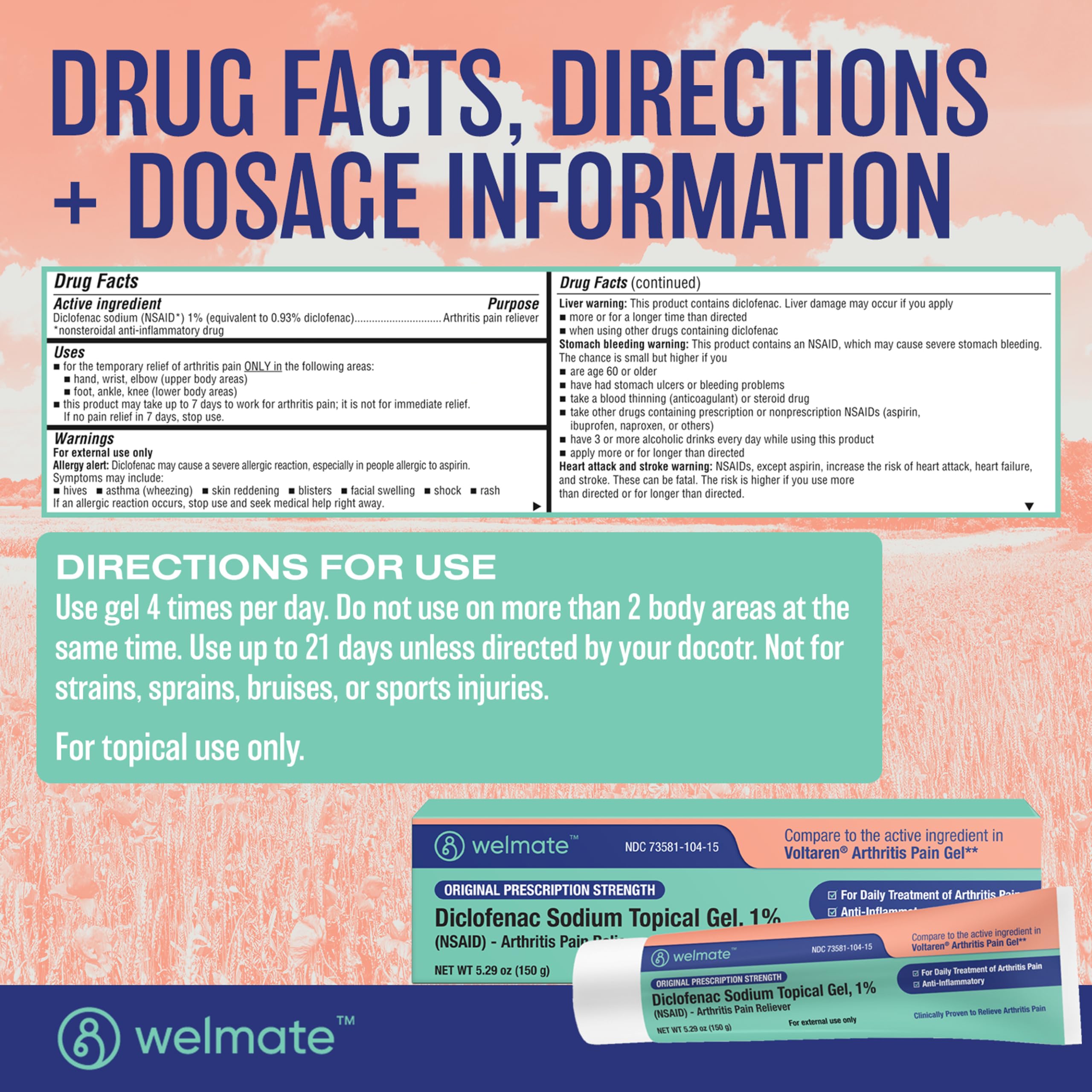 WELMATE - Diclofenac Sodium Topical Gel 1% (5.29 oz) - Arthritis Pain Reliever & Mobility Aid - Pain Relief Cream/Gel WELMATE uk supplements