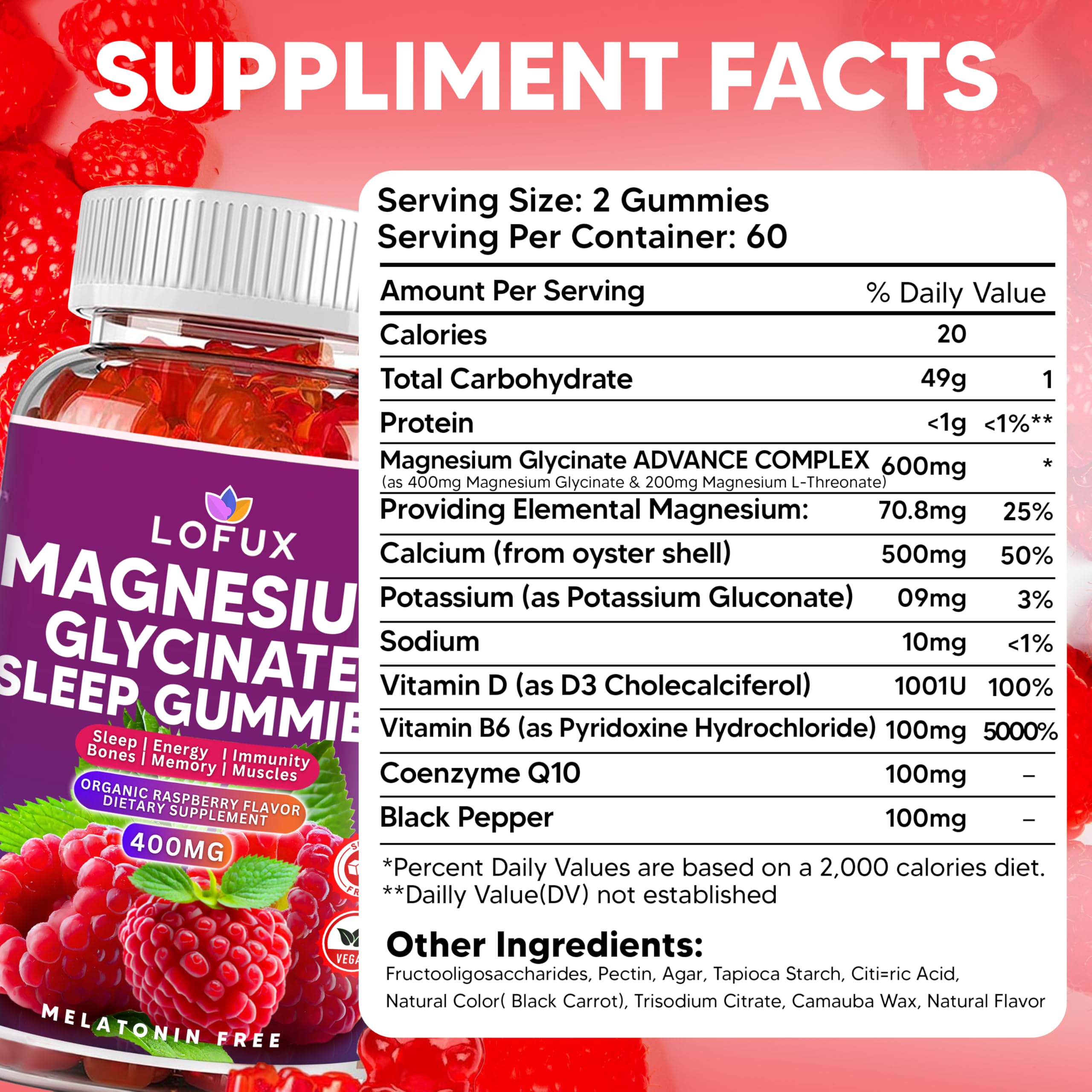 Lofux Magnesium Glycinate Gummies 400mg, Sugar Free Magnesium Gummies for Adults Women, Men, Chewable Supplement Gummy with L-Threonate, Vitamin D, B6, CoQ10 - for Calm, Sleep, Body Relaxation, 120 Ct Lofux uk supplements