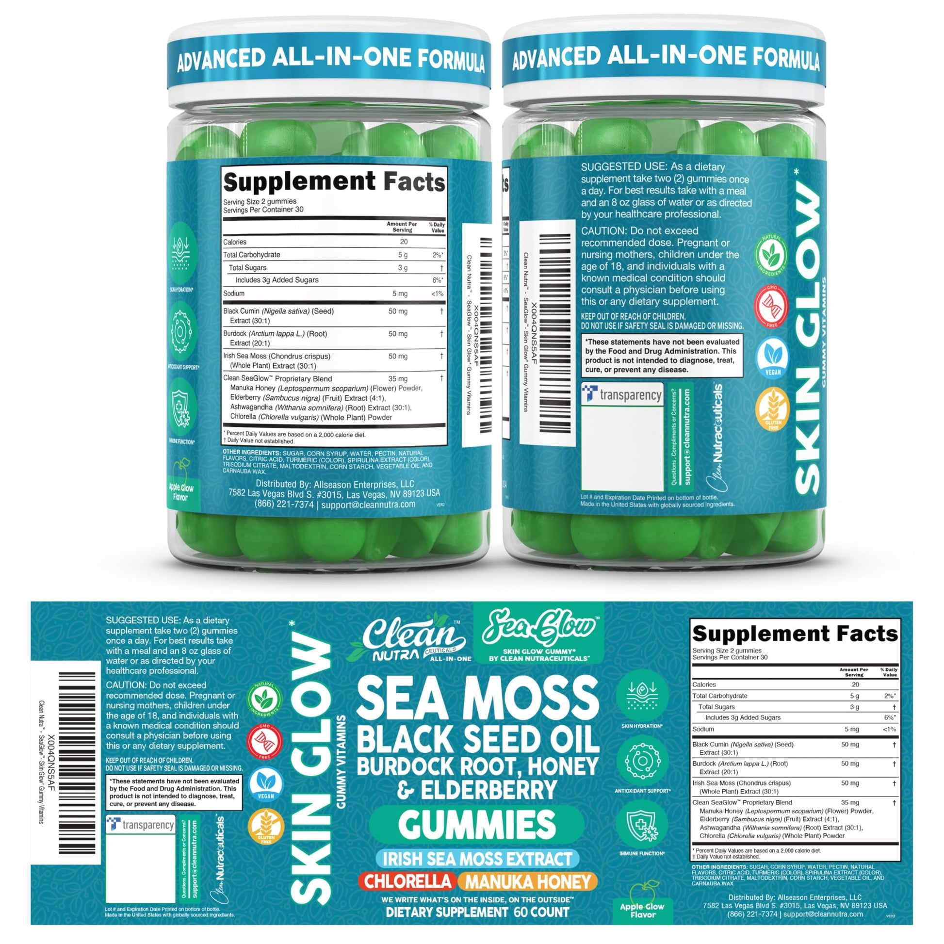 Clean Nutra Sea Moss Gummies Black Seed Oil Chlorella Ashwagandha Root Hair Growth Skin Glow Irish Sea Moss Elderberry Burdock Manuka Honey Trace Minerals Detox 60 Gummy Vitamins Sea Glow Supplement Clean Nutraceuticals uk supplements