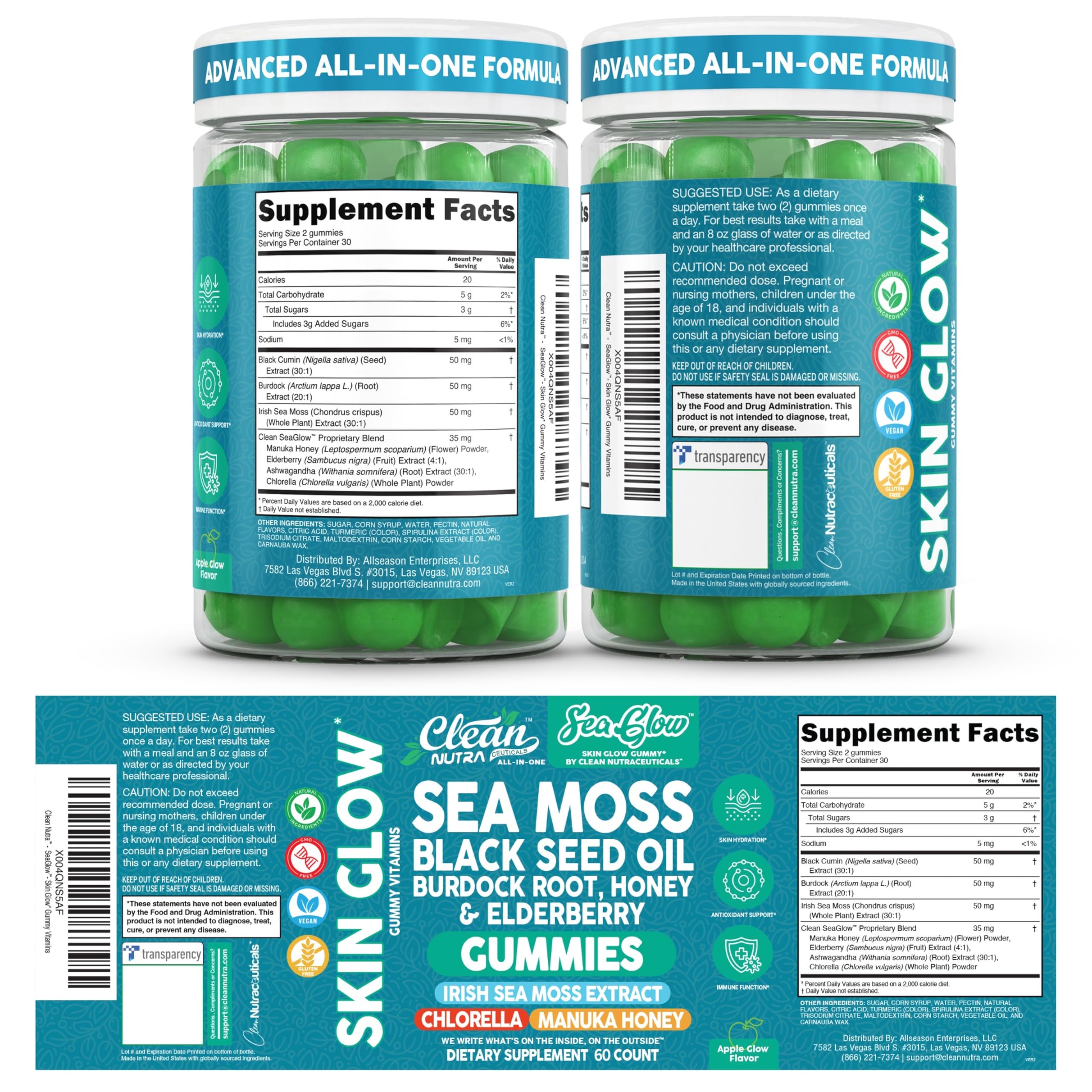 Clean Nutra Sea Moss Gummies Black Seed Oil Chlorella Ashwagandha Root Hair Growth Skin Glow Irish Sea Moss Elderberry Burdock Manuka Honey Trace Minerals Detox 60 Gummy Vitamins Sea Glow Supplement Clean Nutraceuticals uk supplements