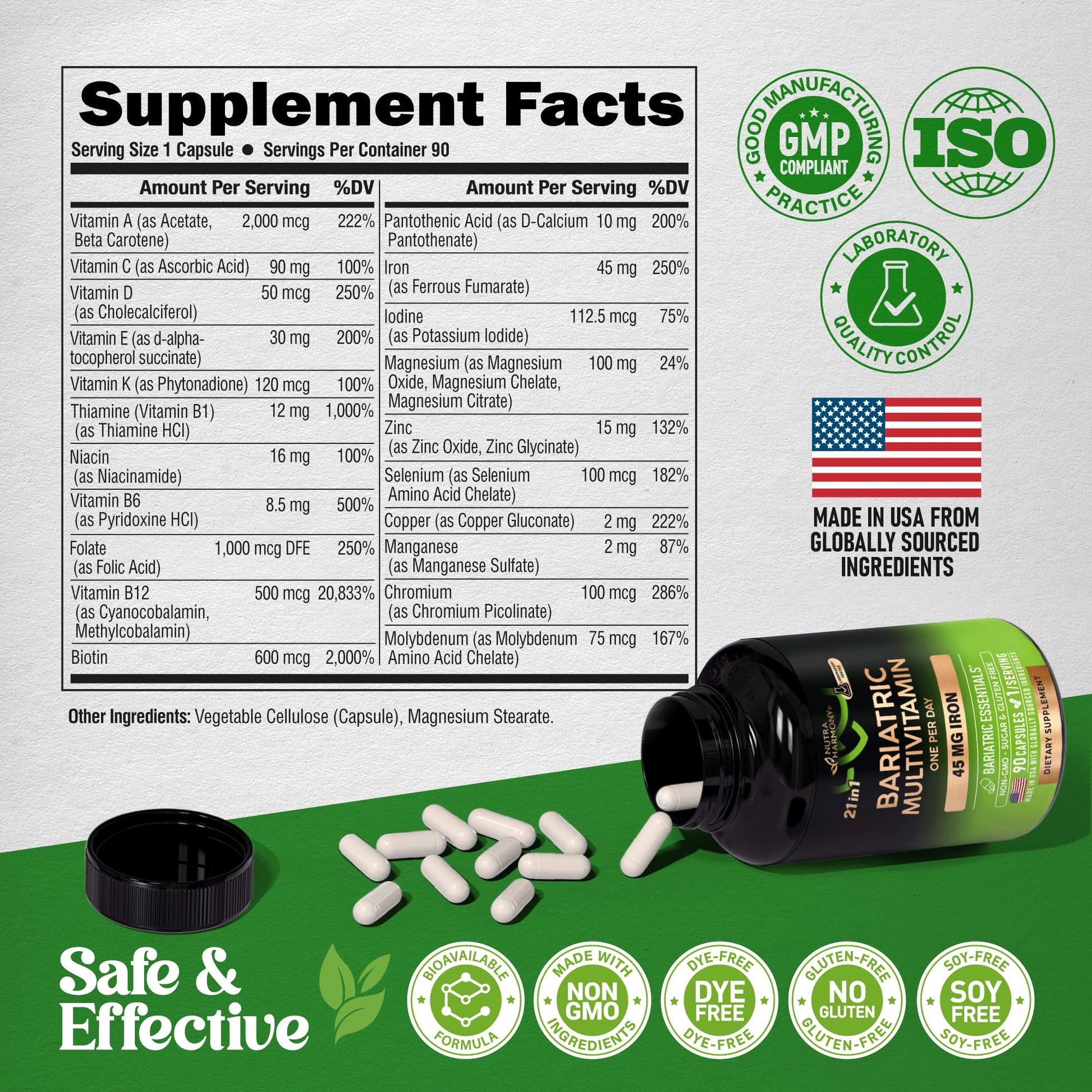 Bariatric Multivitamin - 45 mg Iron Supplements - Made in USA - for Women & Men - All-in-One, 21 Essential Vitamins - Gastric Sleeve Support NUTRAHARMONY uk supplements