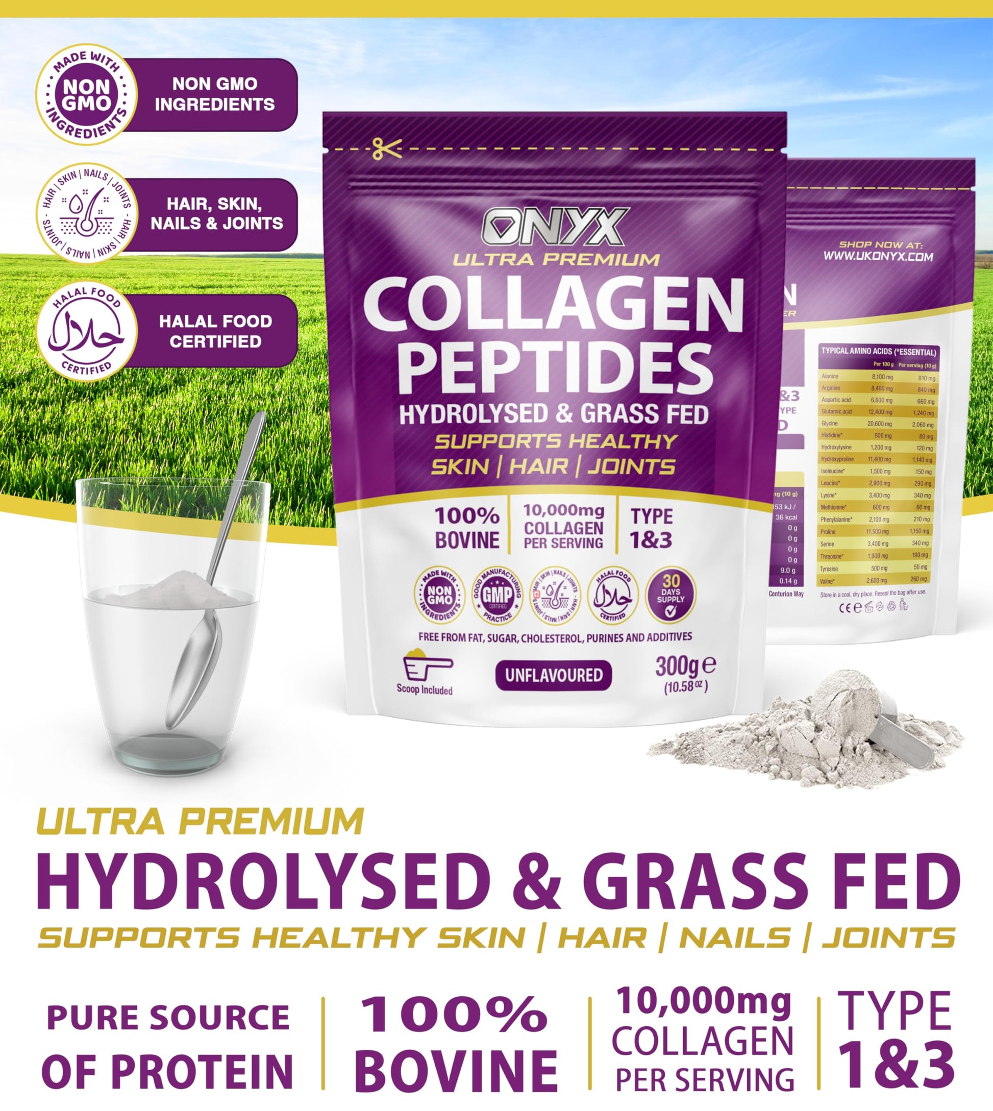 Premium Collagen Powder 300g Hydrolysed Bovine Collagen Peptides Powder ONYX INGREDIENTS 101 uk supplements