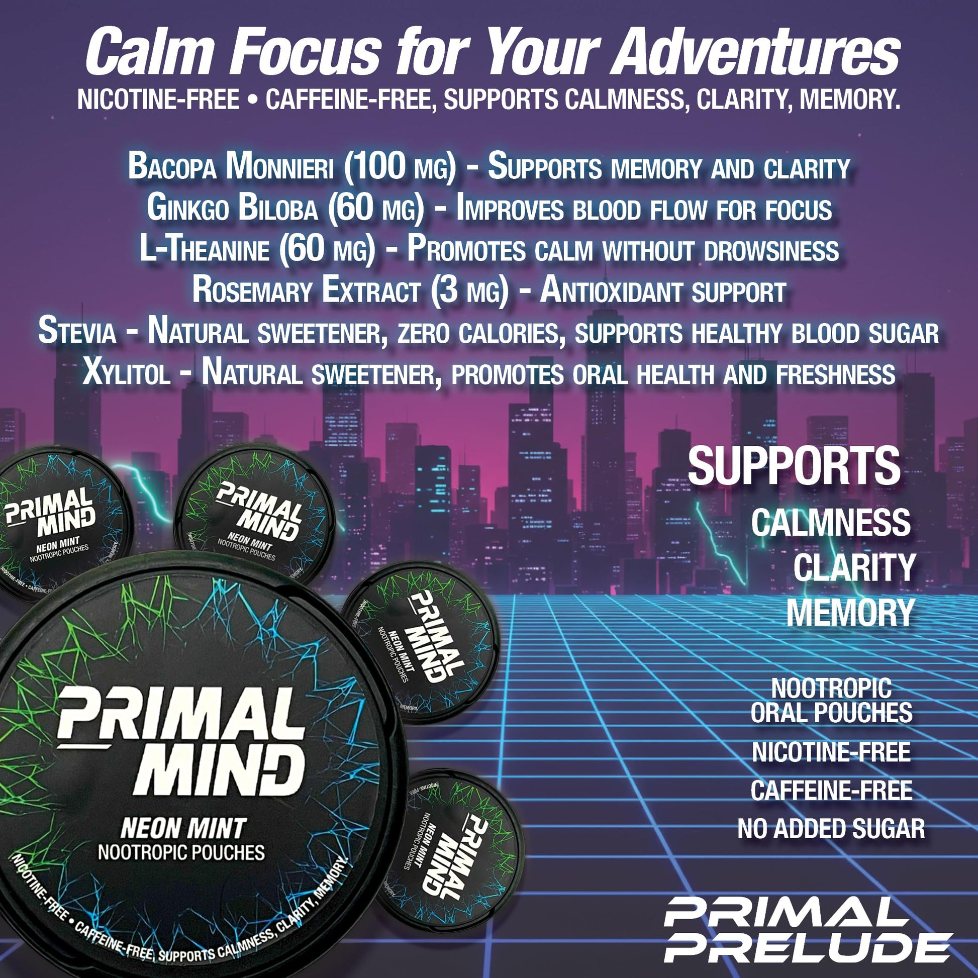 Nootropic Pouches - Primal Mind Caffeine Free Nootropics Pouches Made with Ginkgo Biloba & L-Theanine - Nicotine Free Brain Boost, No Sugar, Cognitive Support – 20 Pouches Per Can, 5 Pack (Neon Mint) Primal Prelude uk supplements