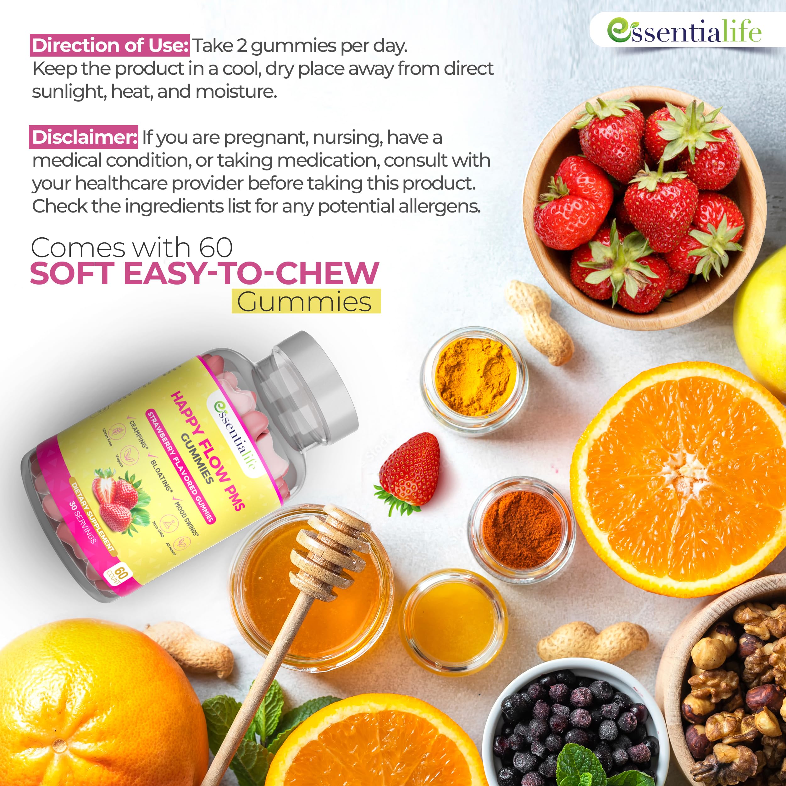 PMS Gummies - Happy Flow PMS Support Supplement for Women - Strawberry PMS Relief Supplement with Vitamin B6 for Hormone Balance, Period Support, Cramps, Hormonal Acne & Bloating Relief (60 Count) Essentialife uk supplements
