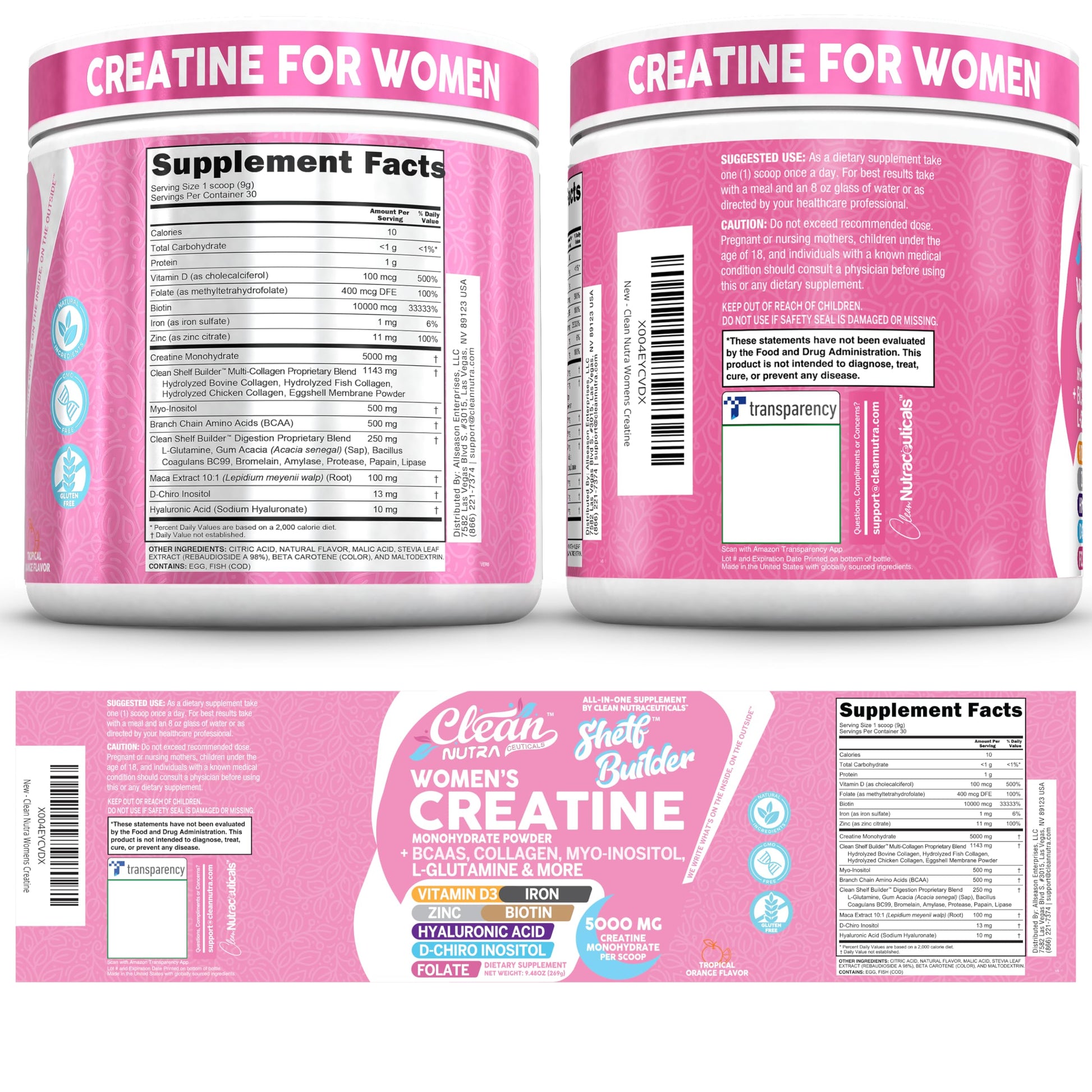 Creatine for Women | Creatine Monohydrate + BCAA Powder Myo-Inositol Collagen Biotin Hyaluronic Acid Folate L Glutamine Vitamin D3 Iron Zinc D-Chiro-Maca Digestion Shelf Builder by Clean Nutra Clean Nutraceuticals uk supplements