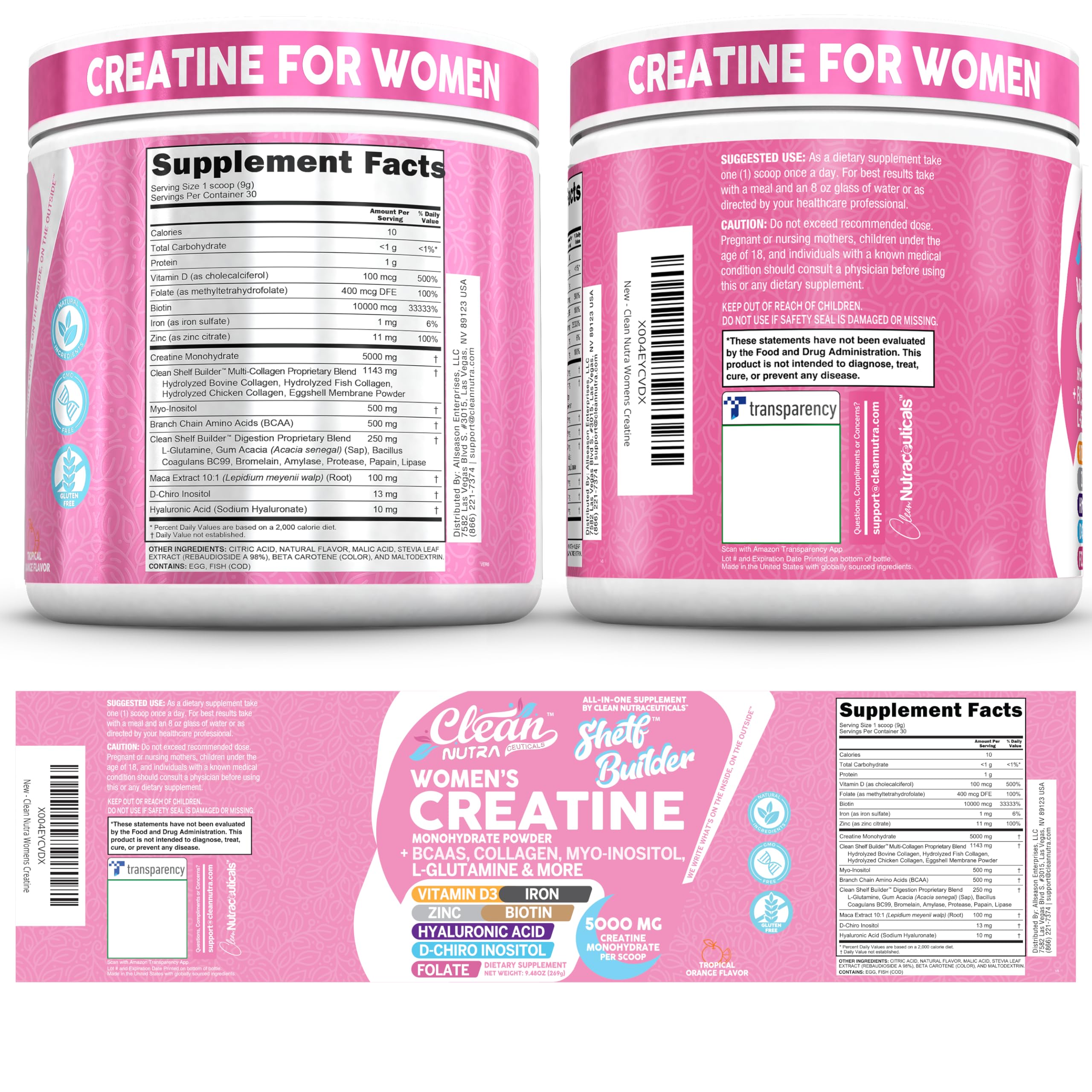 Creatine for Women | Creatine Monohydrate + BCAA Powder Myo-Inositol Collagen Biotin Hyaluronic Acid Folate L Glutamine Vitamin D3 Iron Zinc D-Chiro-Maca Digestion Shelf Builder by Clean Nutra Clean Nutraceuticals uk supplements