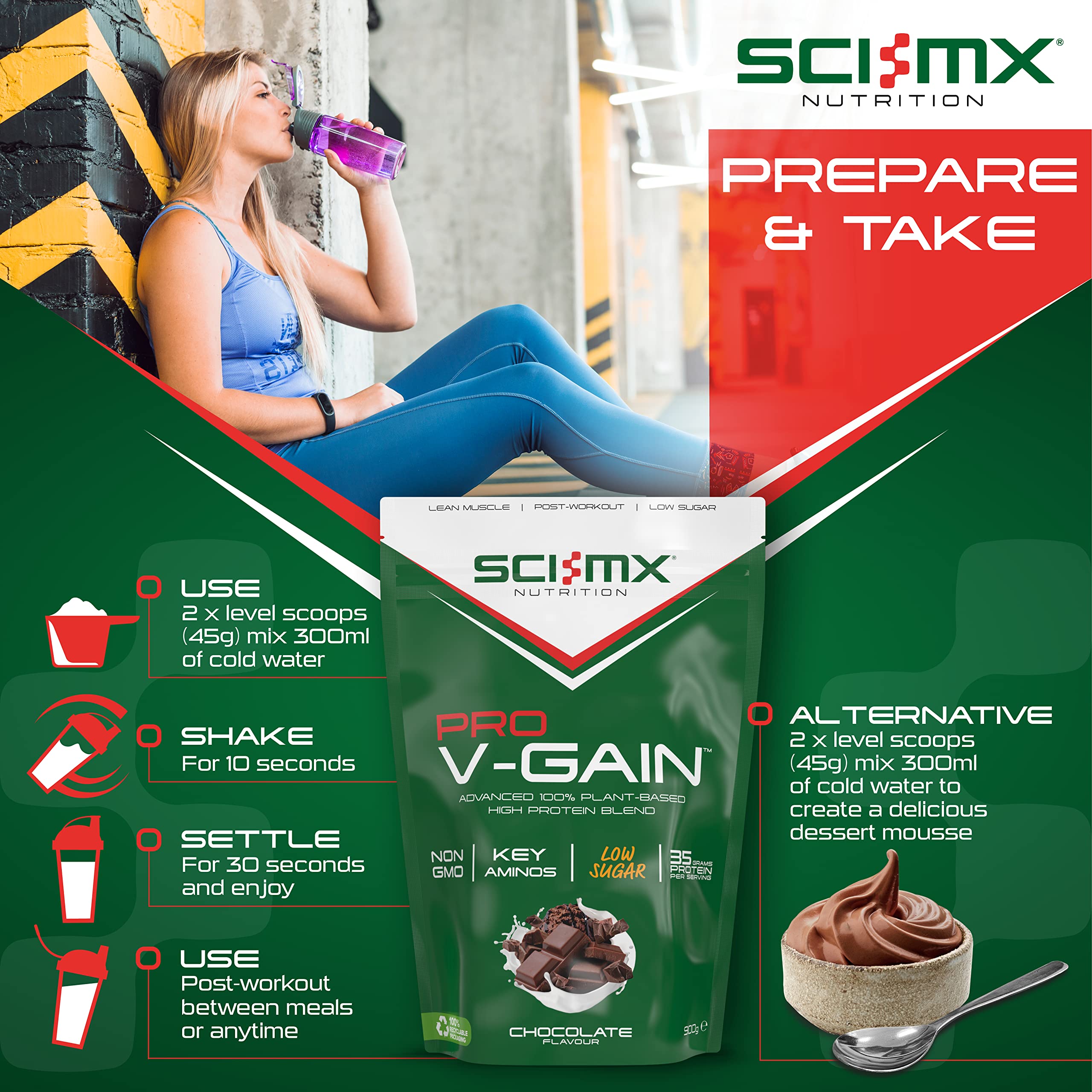 SCI-MX Pro V Gain 100% Plant Based Vegan Protein Formula With No Added Sugar - Chocolate Flavour - 900g - 20 SERVINGS SCI-MX uk supplements