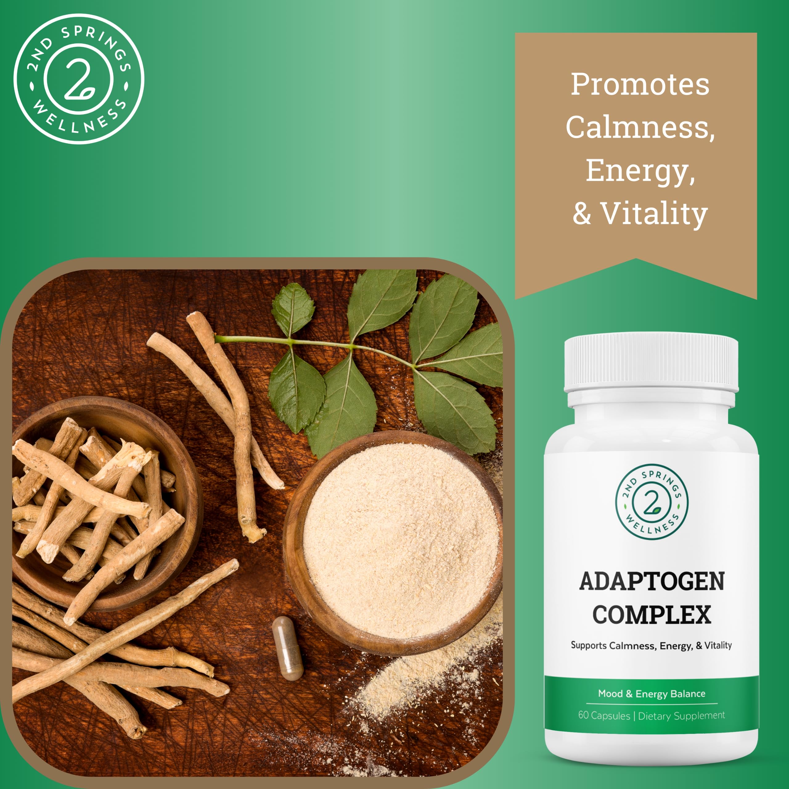 2nd Springs Adaptogen Complex Calmness, Energy and Vitality Booster - Ashwagandha, Schisandra, Astragalus, Ginseng, Rhodiola, and More - Adrenal Support Supplements - 60 Ct 2nd Springs uk supplements