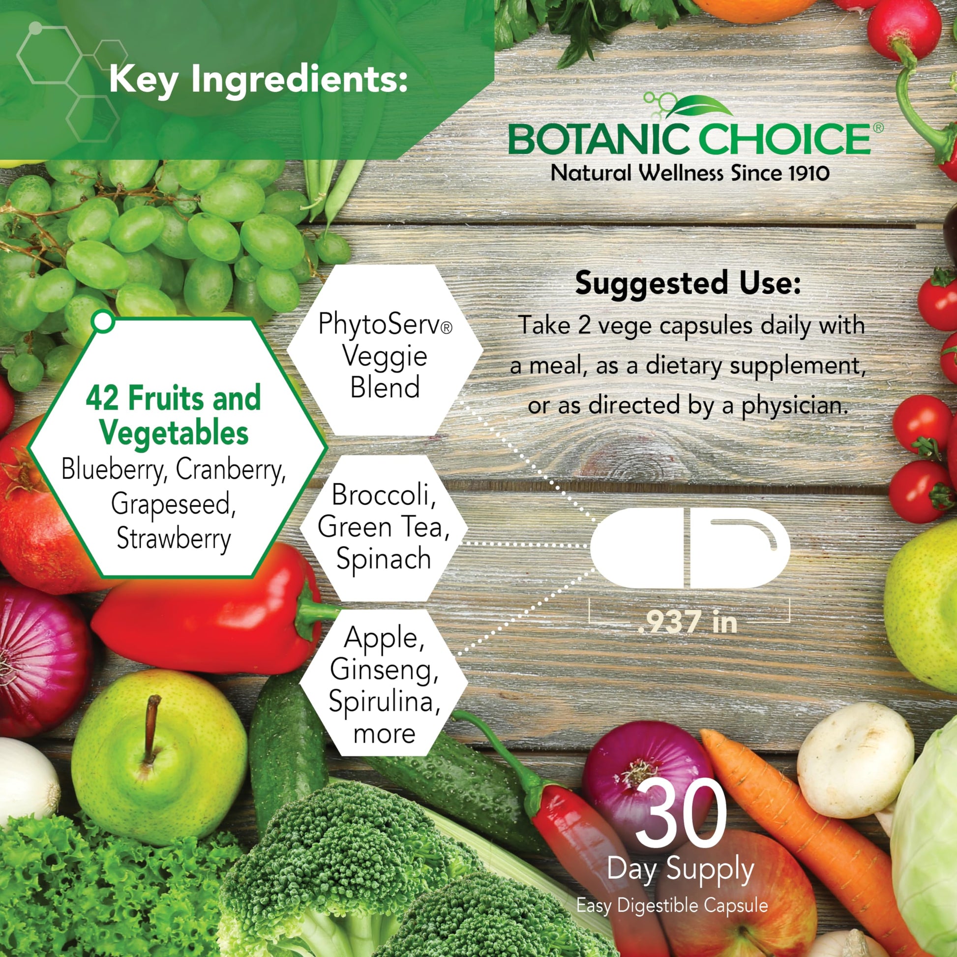 Botanic Choice Since 1910 - Mega Fruits & Veggies Blend - 42 Fruits and Vegetables - 2 Caps Daily - 60 Count Supplement Botanic Choice uk supplements