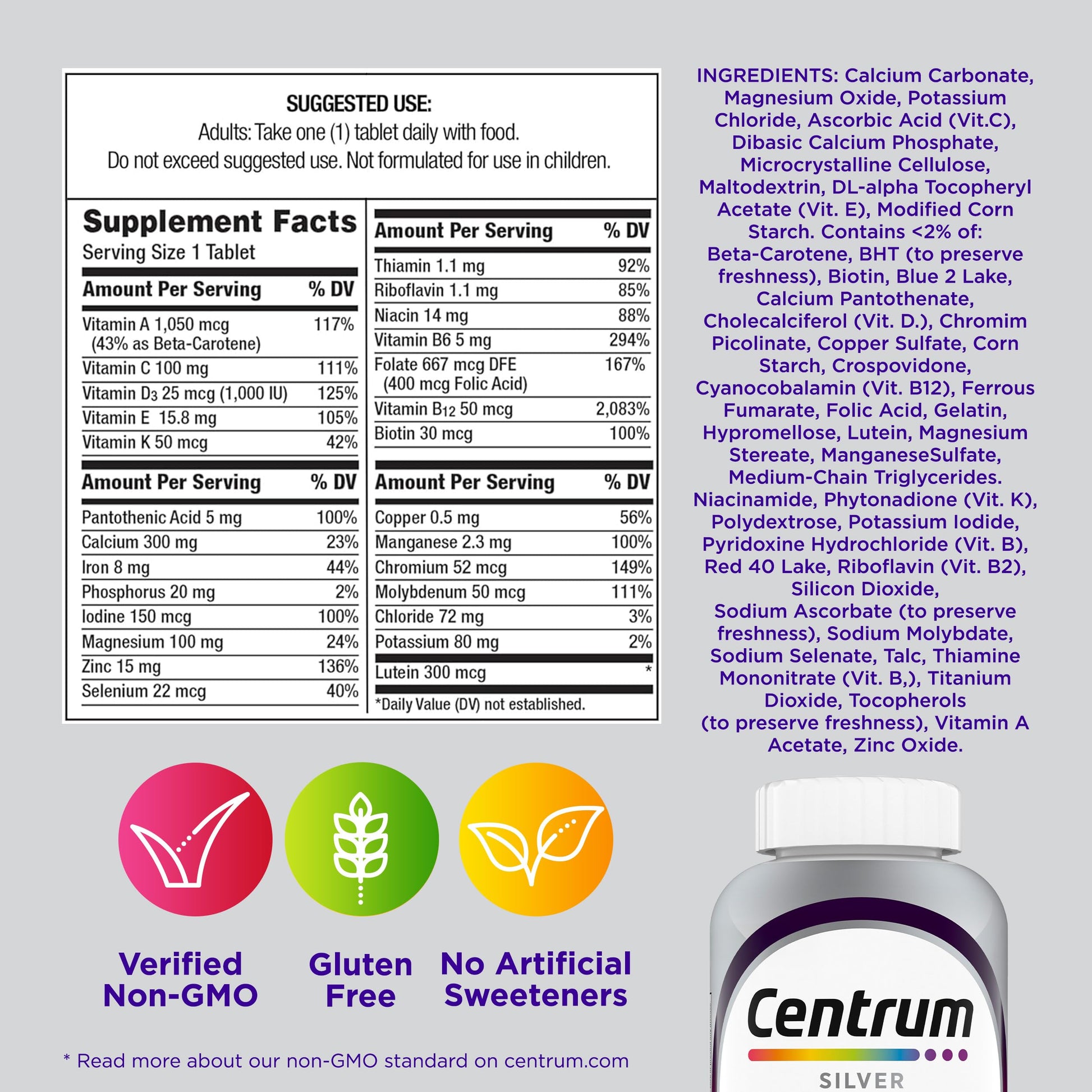 Centrum Silver Women's Multivitamin for Women 50 Plus, Multivitamin/Multimineral Supplement with Vitamin D3, B Vitamins, Non-GMO Ingredients Centrum uk supplements