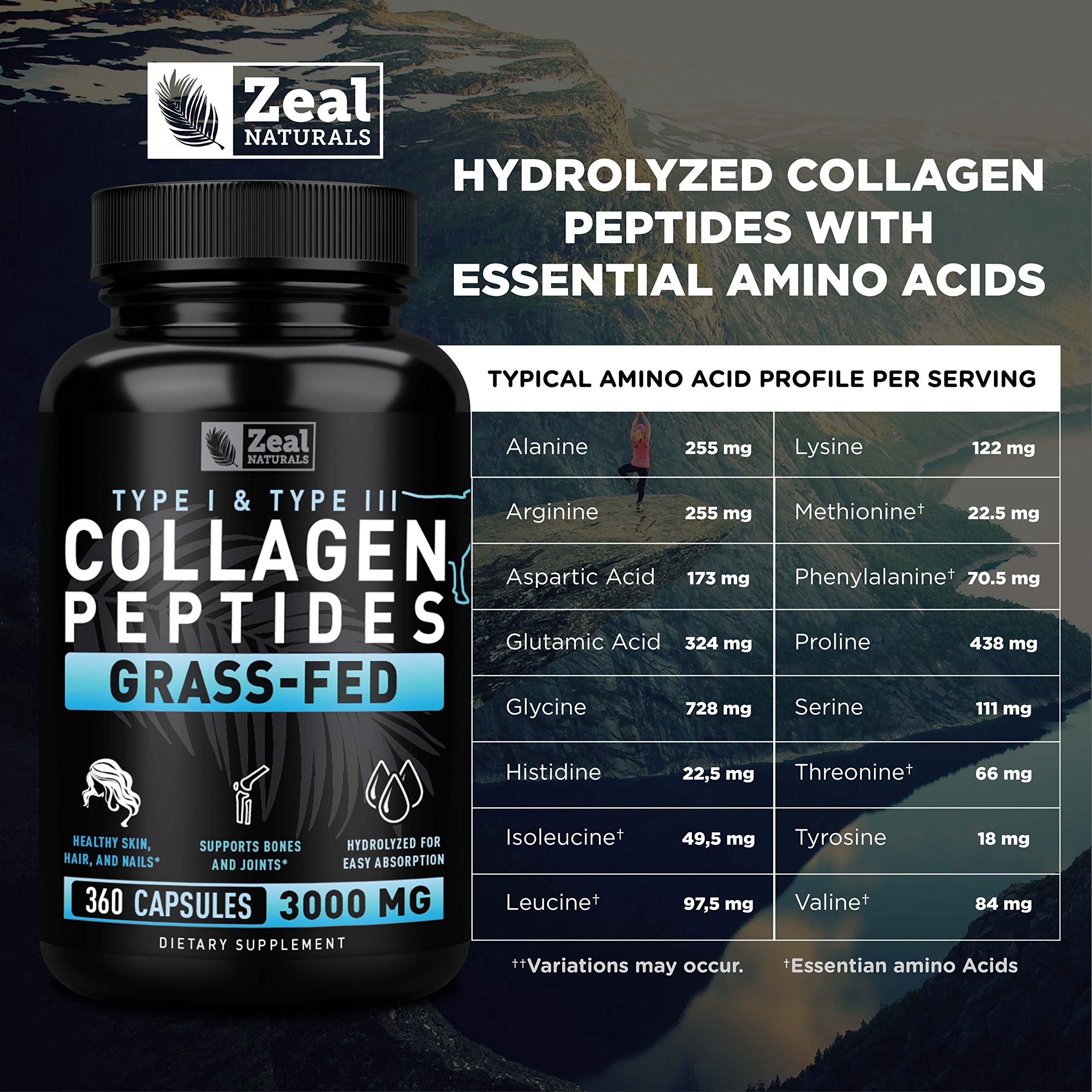 Zeal Naturals Collagen Peptides Collagen Pills (360 Capsules) Grass Fed Collagen Pepetide Powder - Hydrolyzed Collagen Powder for JointTendon SupplementHair Skin and Nails - Zeal Naturals uk supplements