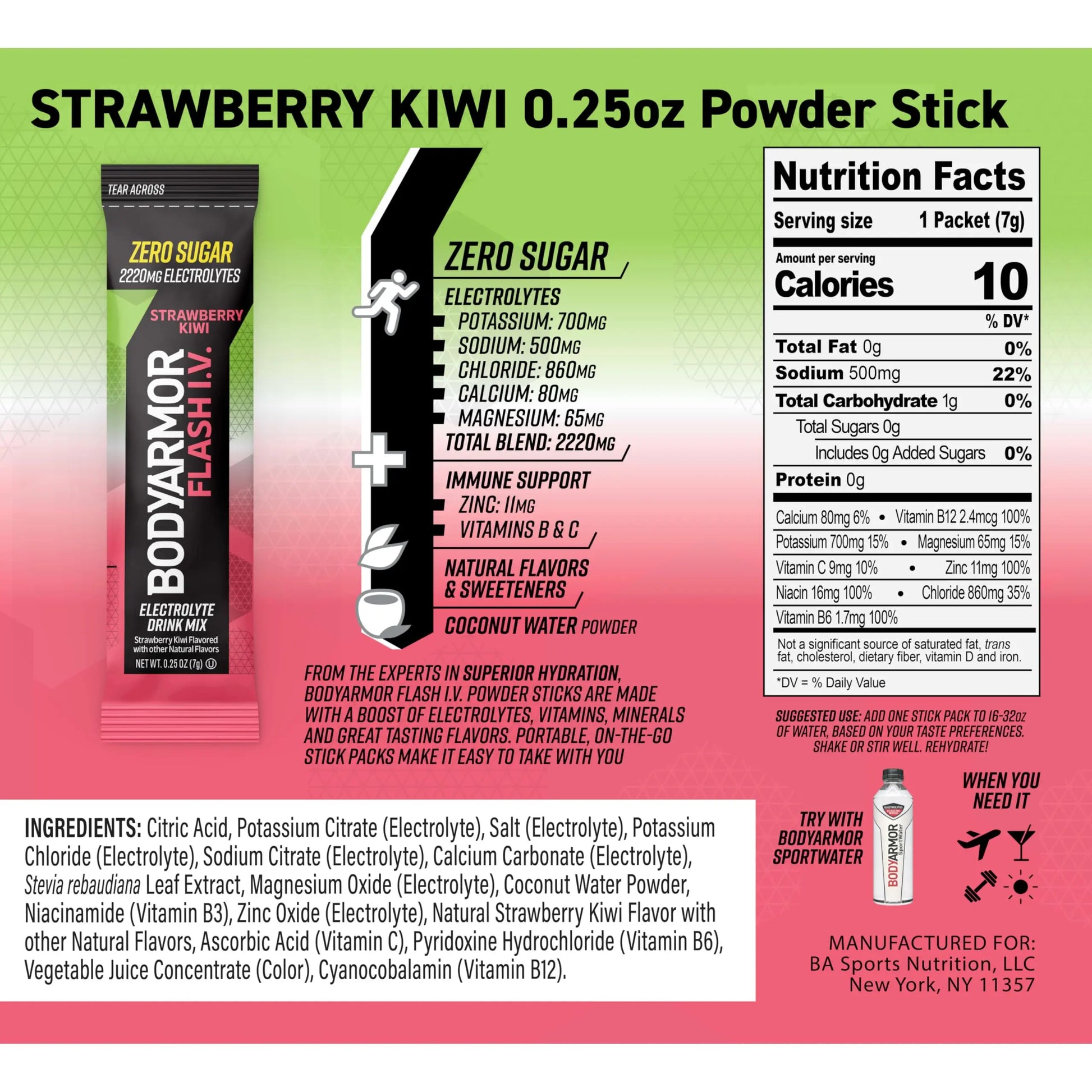 BODYARMOR Flash IV Electrolyte Packets, Strawberry Kiwi - Zero Sugar Drink Mix, Single Serve Packs, Coconut Water Powder (15 Count) BODYARMOR uk supplements