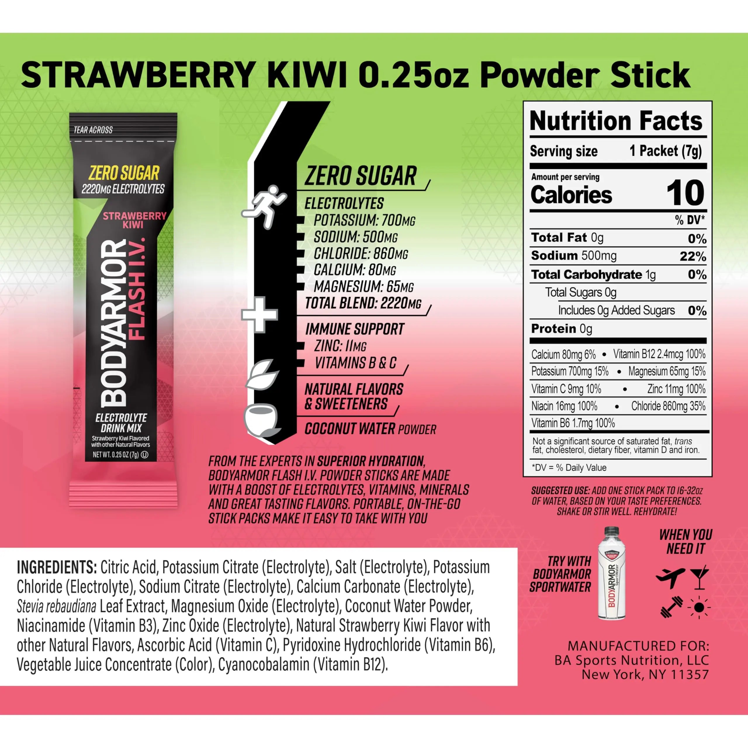 BODYARMOR Flash IV Electrolyte Packets, Strawberry Kiwi - Zero Sugar Drink Mix, Single Serve Packs, Coconut Water Powder (6 Count) BODYARMOR uk supplements