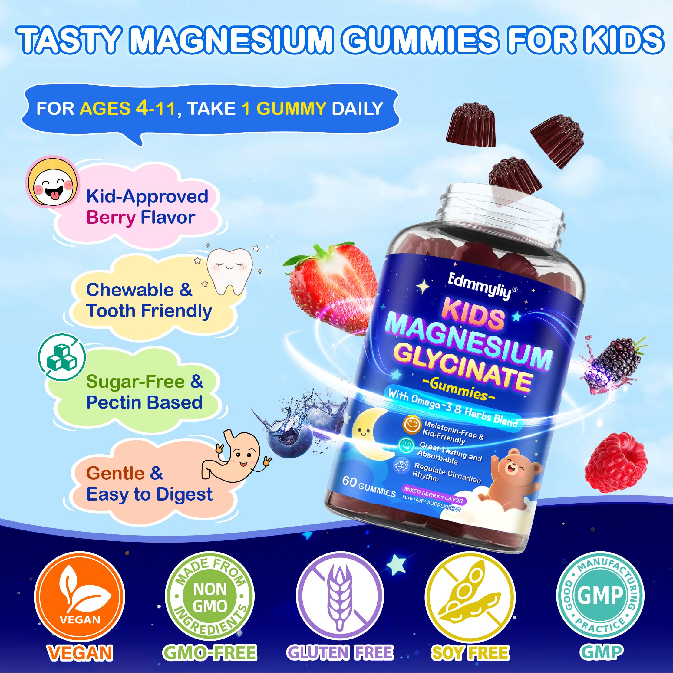 Kids Magnesium Glycinate Gummies - Magnesium Glycinate Supplement 200mg with L-theanine Omega-3 Calcium Vitamin D3 & B12 for Kids Natural Zzz at Bedtime & Overall Health - Sugar Free & Non-GMO Edmmyliy uk supplements