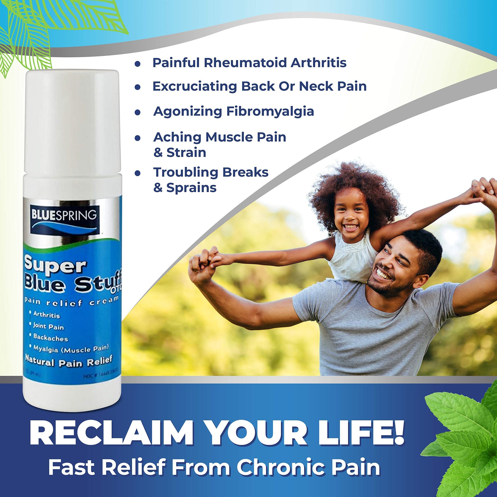Super Blue Stuff Natural Pain Relief roll on with Emu Oil by BlueSpring- Pain relief rub Anti Inflammatory Analgesic Cream for Back, Knee, Joint, Muscle, Arthritis, and neck Pain Relief- 3 Oz roll-on. Emu Therapy uk supplements