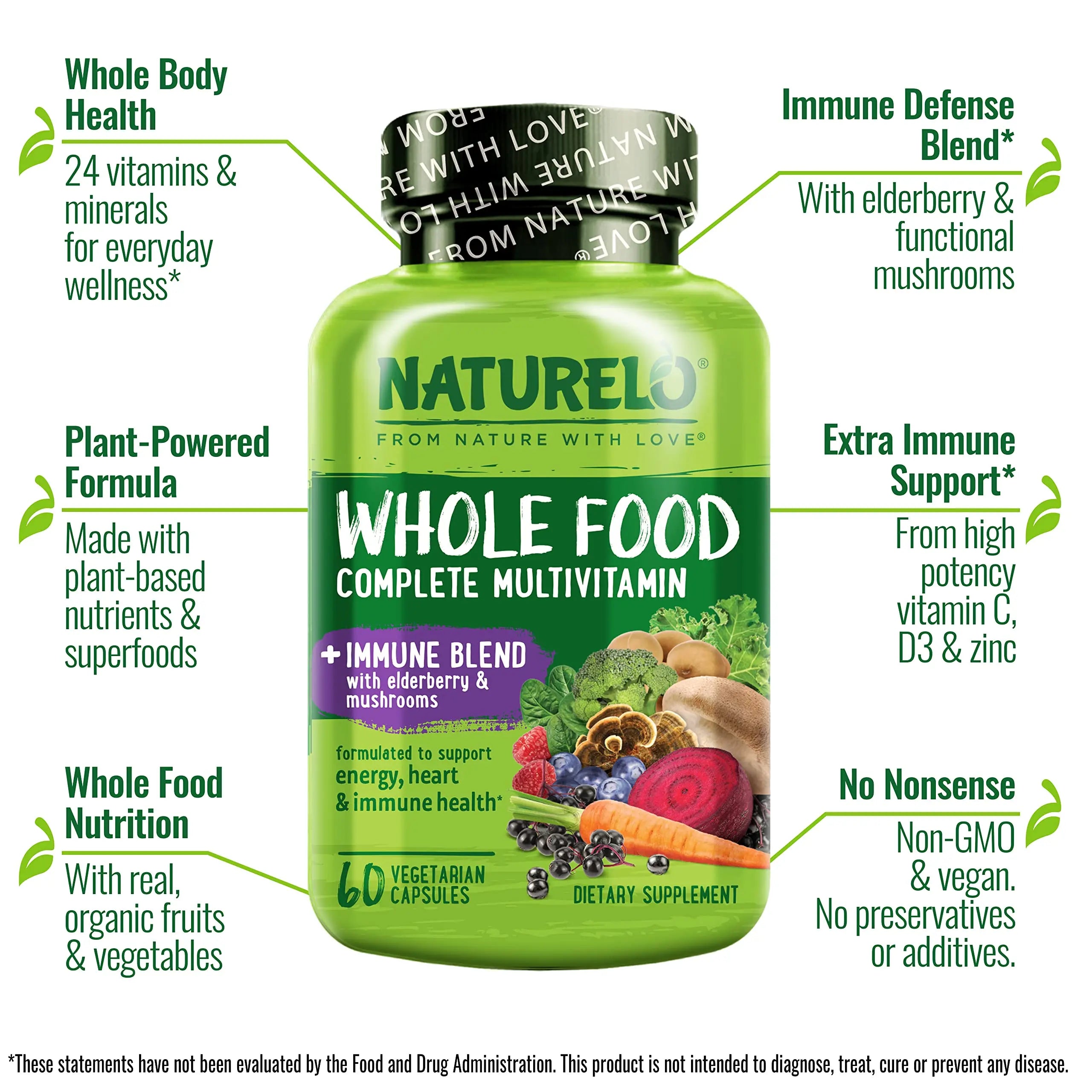 NATURELO Whole Food Multivitamin + Immune Blend with Elderberry & Mushrooms - Complete Multivitamin with Extra Immune Support NATURELO uk supplements
