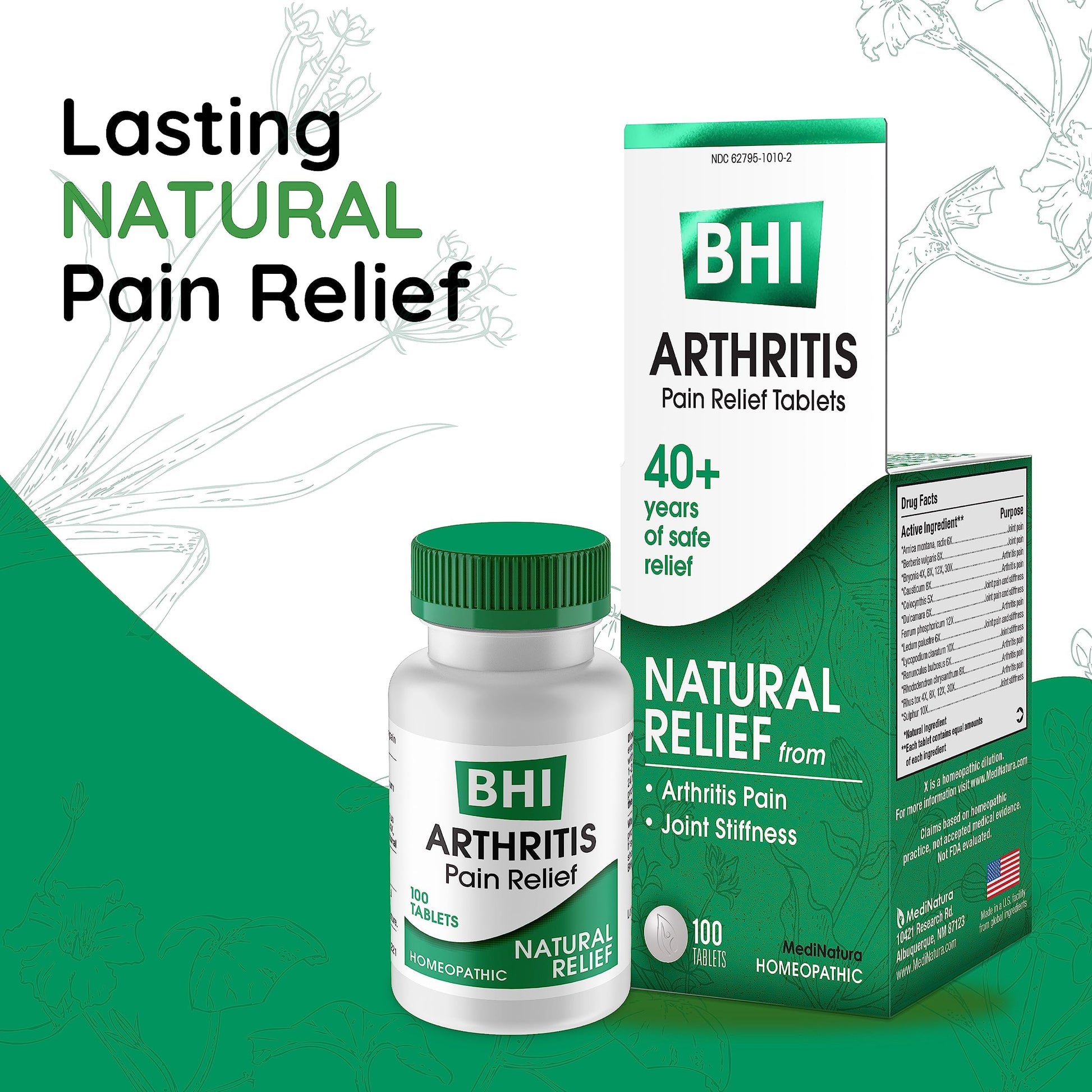 BHI Arthritis Pain Relief Daily Joint Health Support Arnica + 13 Natural Actives Homeopathic Plant & Mineral Blend Helps Relieve Minor Pain & Stiffness in Joints for Women & Men - 100 Tablets MediNatura uk supplements