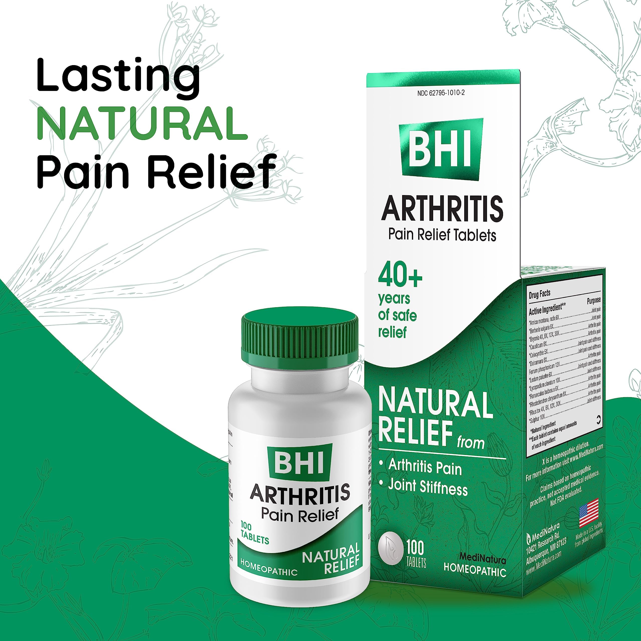 BHI Arthritis Pain Relief Daily Joint Health Support Arnica + 13 Natural Actives Homeopathic Plant & Mineral Blend Helps Relieve Minor Pain & Stiffness in Joints for Women & Men - 100 Tablets MediNatura uk supplements