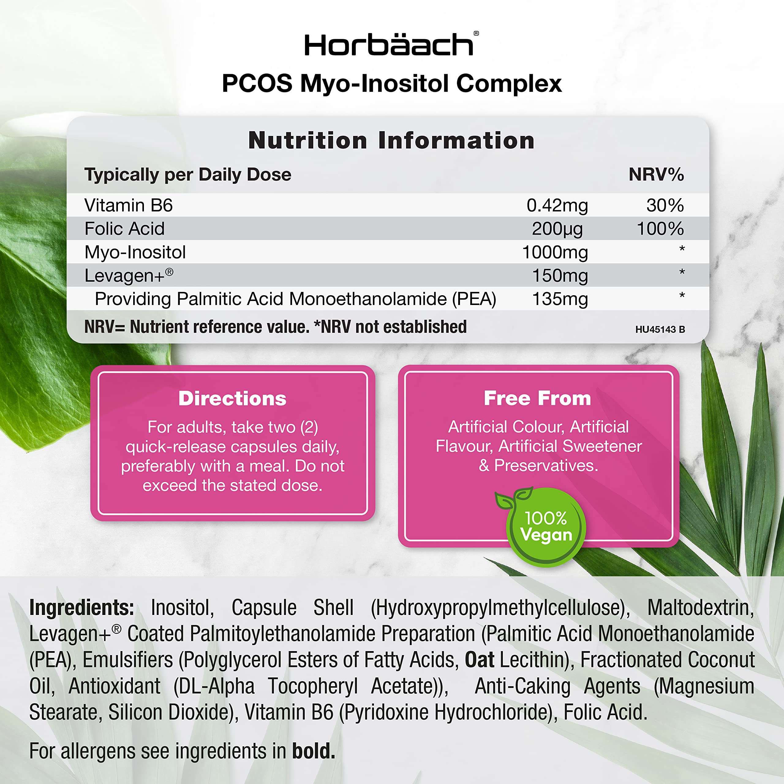 Inositol Supplement for PCOS | 120 Vegan Capsules | Myo-Inositol Complex with Folic Acid Horbäach uk supplements