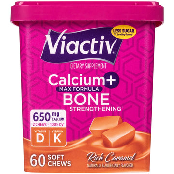 Viactiv Calcium + Vitamin D Supplement Soft Chews for Women & Men - Chewable Calcium for Bone Health Support, 650 mg per Serving, Vitamin D & K for High Absorption - 60 Count, Caramel Viactiv uk supplements
