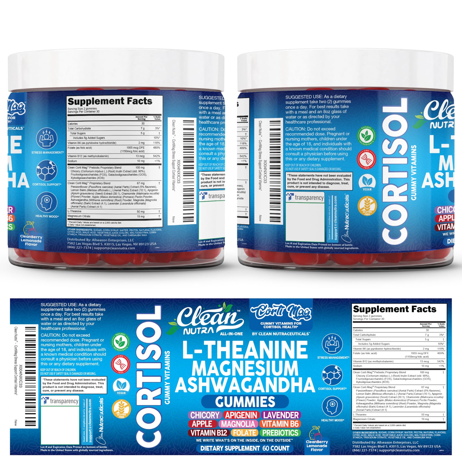 Clean Nutra Cortisol Supplement Gummies L-Theanine Magnesium Ashwagandha Apigenin Vitamin B6 Sleep and Calm Support Lavender Chicory Prebiotic Advanced Gummy Formula Clean Nutraceuticals uk supplements