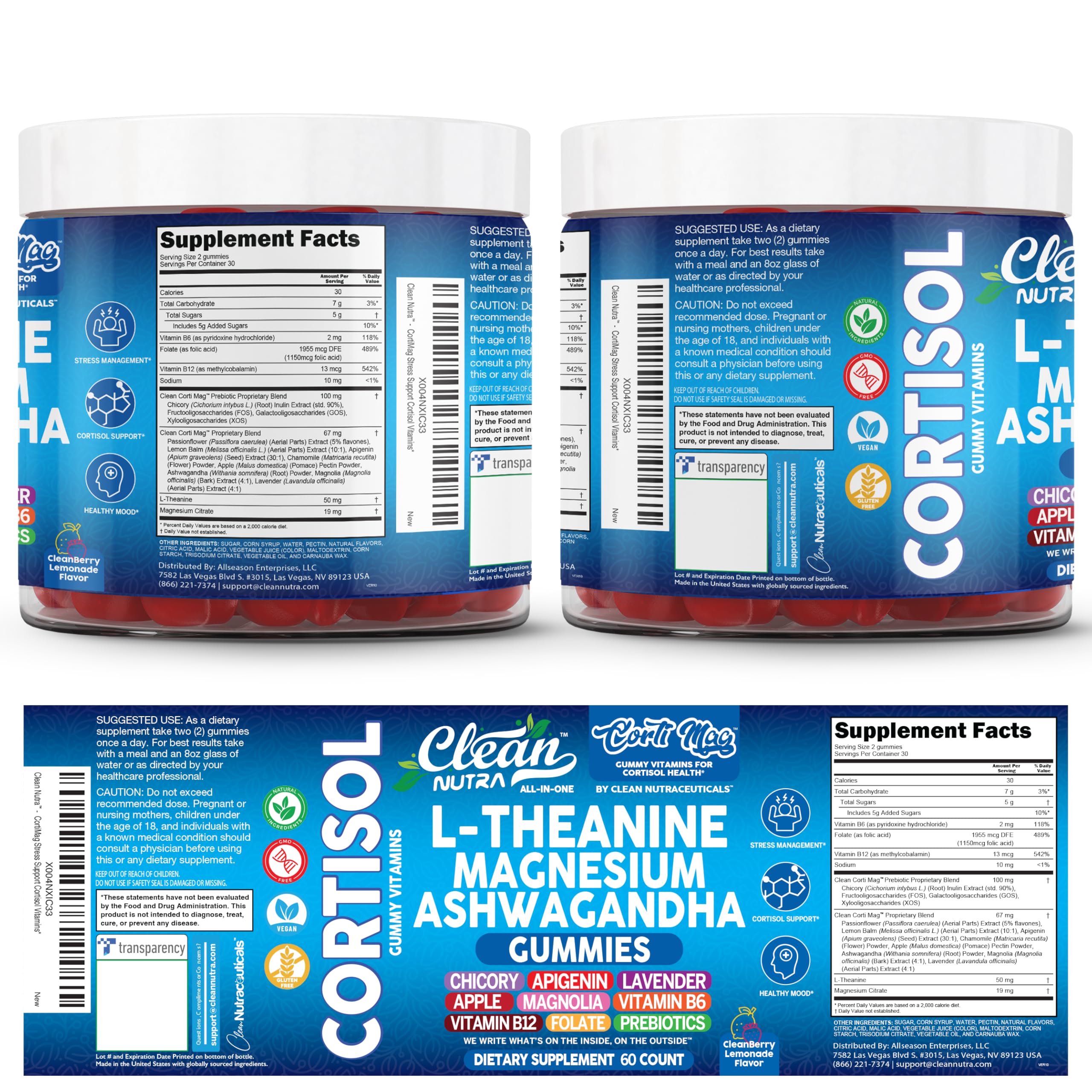 Clean Nutra Cortisol Supplement Gummies L-Theanine Magnesium Ashwagandha Apigenin Vitamin B6 Sleep and Calm Support Lavender Chicory Prebiotic Advanced Gummy Formula Clean Nutraceuticals uk supplements