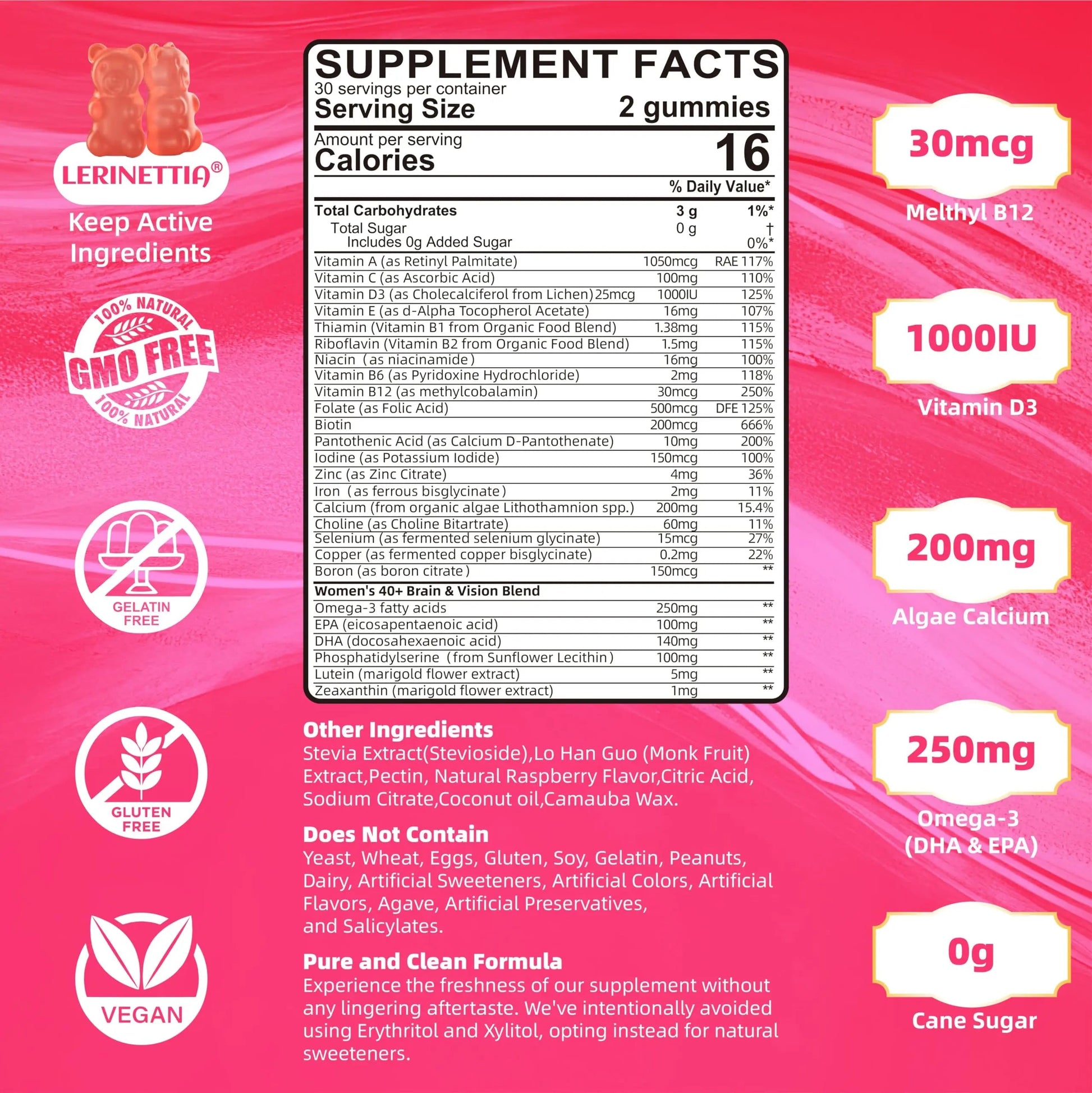 Multivitamin for Women Gummies for 40+ with Omega-3, Niacinamide, B-Complex, Lutein, Iron, Choline, Phosphatidylserine, Vitamin D3 Lerinettia uk supplements