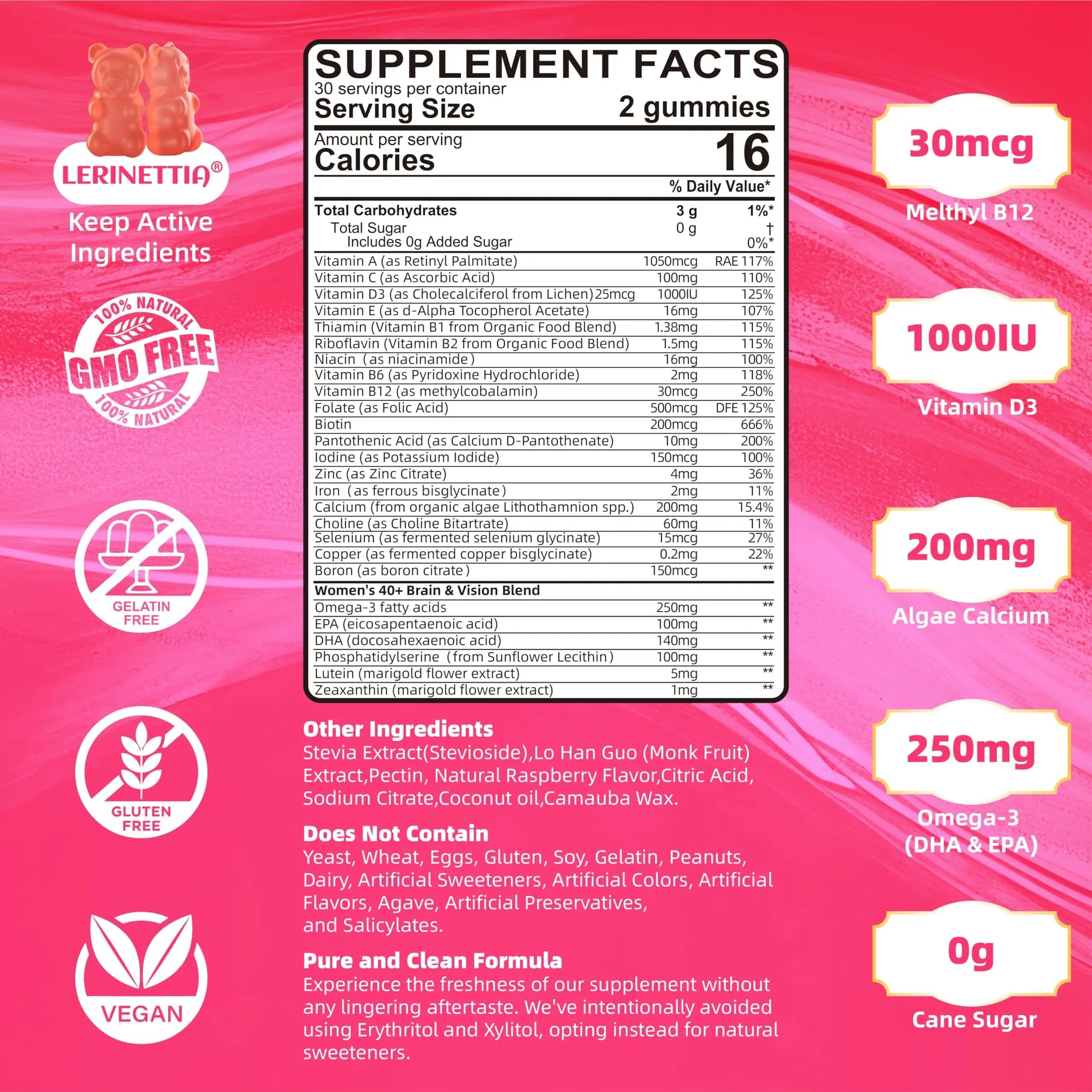 Multivitamin for Women Gummies for 40+ with Omega-3, Niacinamide, B-Complex, Lutein, Iron, Choline, Phosphatidylserine, Vitamin D3 Lerinettia uk supplements